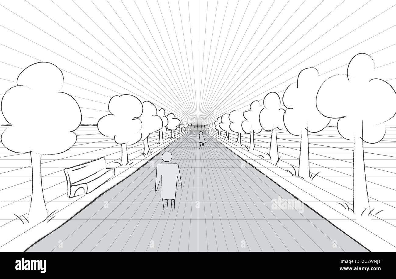 Esempio di prospettiva della strada con orizzonte. Immagine vettoriale 3d con sfondo a griglia. Modello di proiezione. Linea uno sheme prospettiva punto Illustrazione Vettoriale