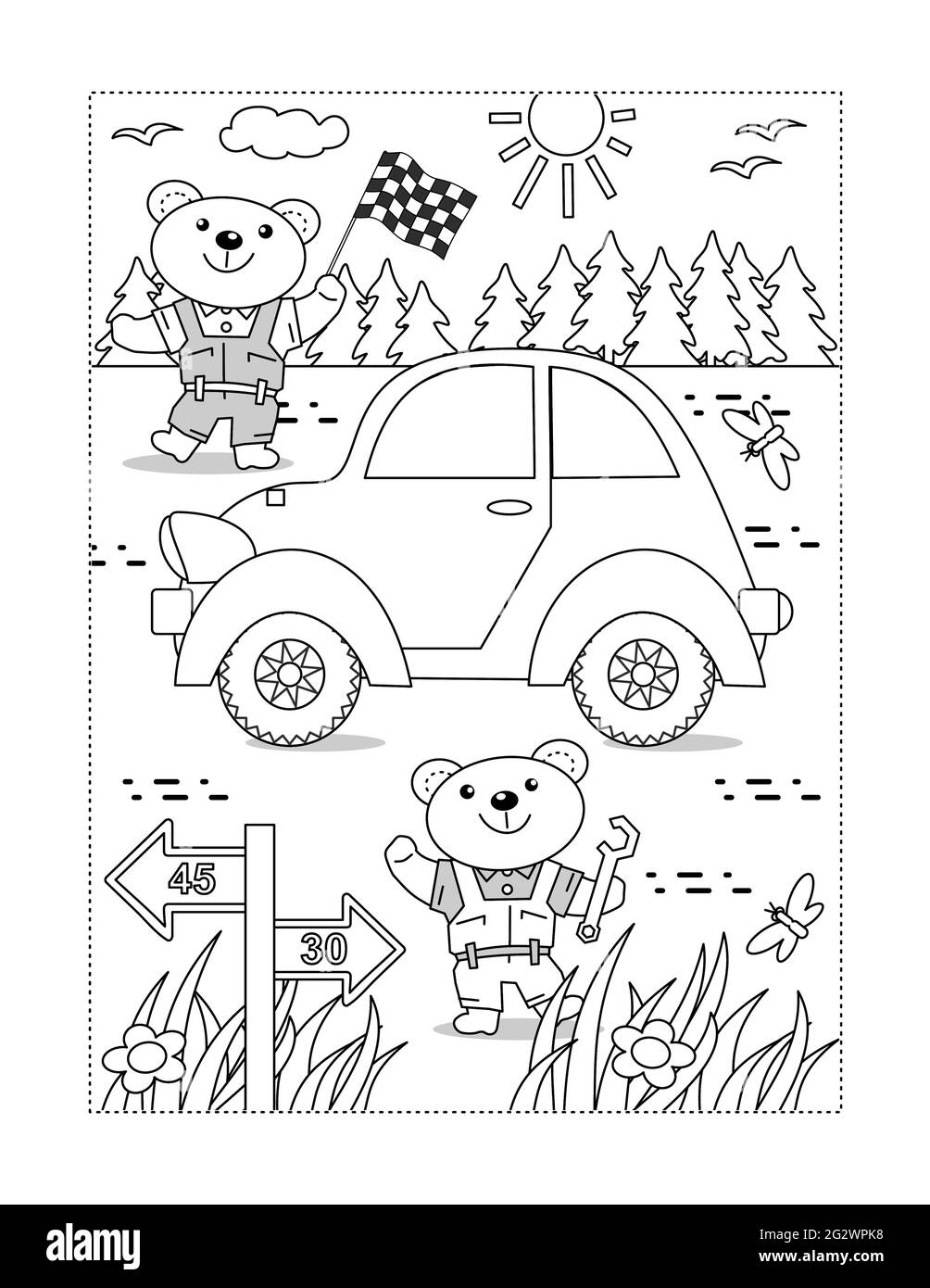 Pagina da colorare con la meccanica dell'orso alla corsa dell'automobile Foto Stock