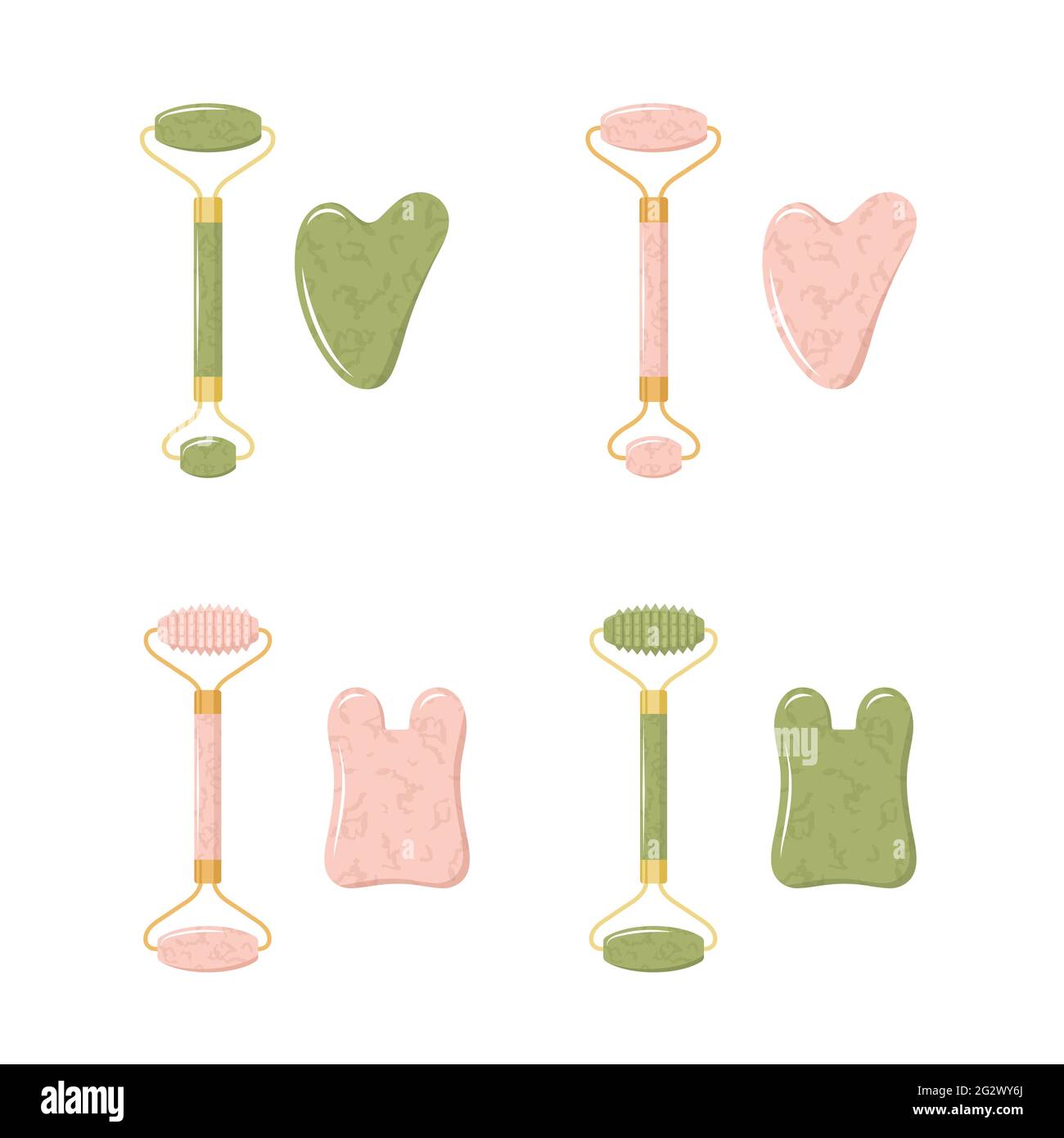 Raschietto di Gua sha e rullo di giada per il massaggio del viso. Collezione di diverse forme di quarzo rosa naturale e pietre di nefrite verde. Concetto di cura della pelle Illustrazione Vettoriale