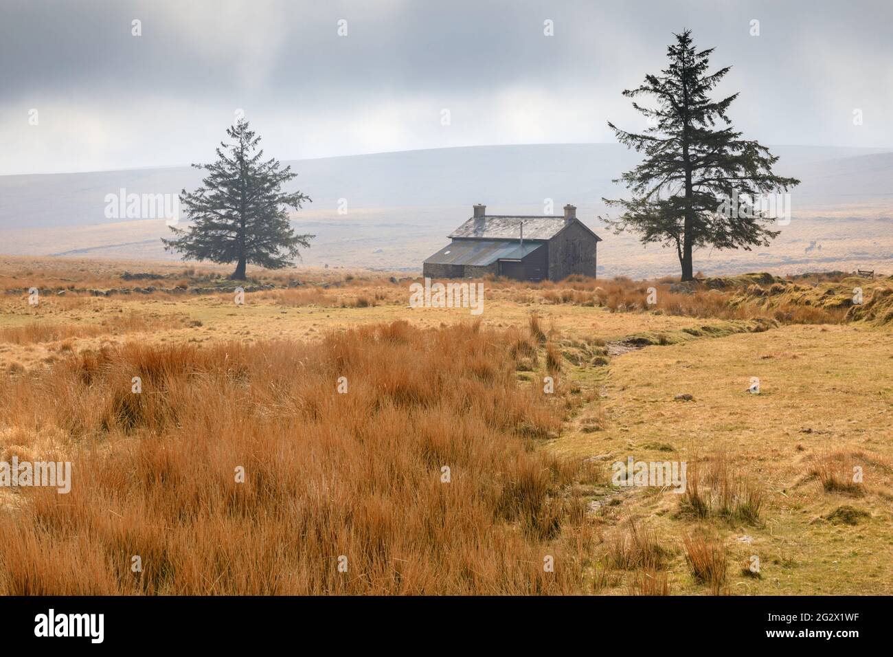 Nun's Cross Farm nel Dartmoor National Park catturato in una suggestiva mattina di primavera. Foto Stock