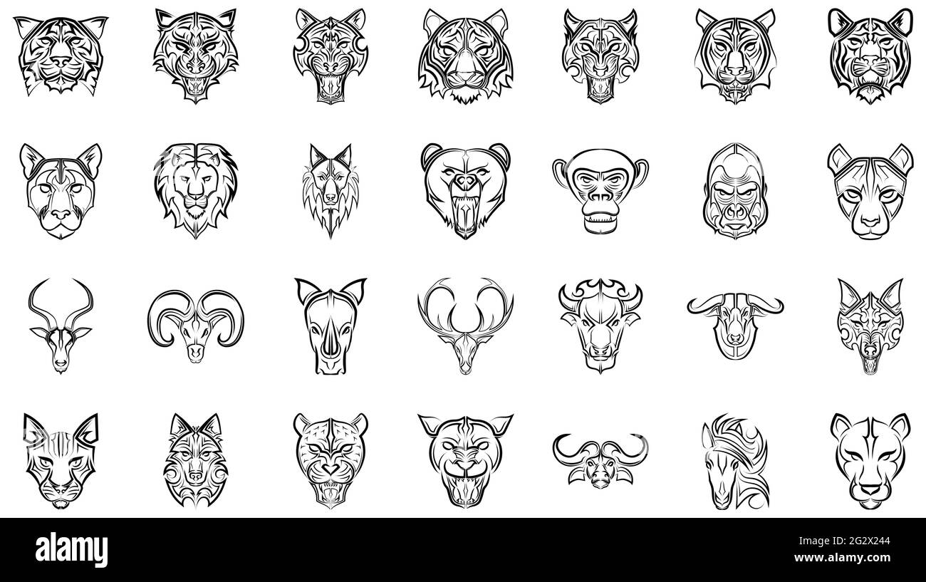 set di icone della linea di testa dell'animale nero Illustrazione Vettoriale