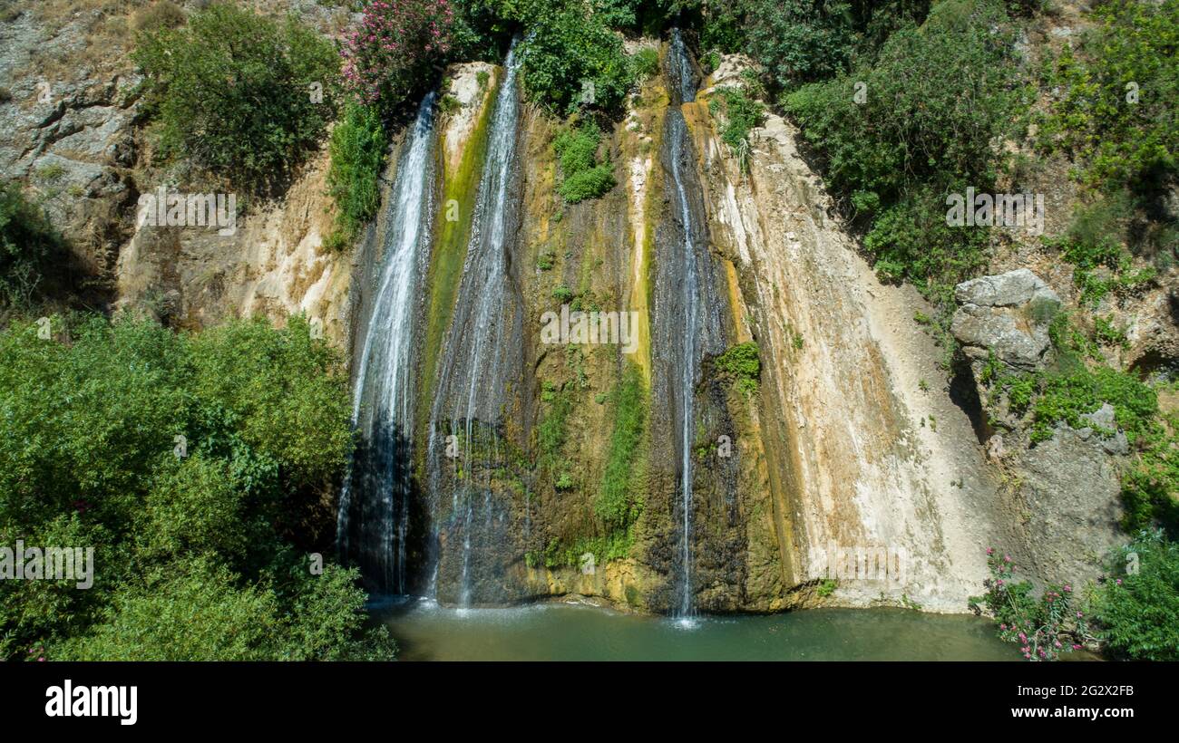 Fotografia aerea del torrente Banias (fiume Banias o fiume Hermon) alture del Golan, Israele Foto Stock