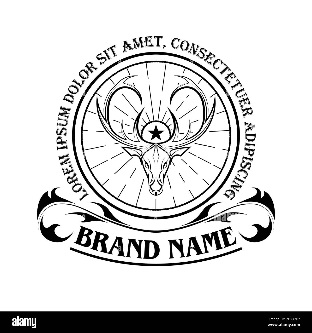 Logo Deer in stile classico linea d'eleganza. Emblema vettoriale per la vostra identità aziendale, illustrazione vintage, poster sportivo, logo, marchio e così via Illustrazione Vettoriale