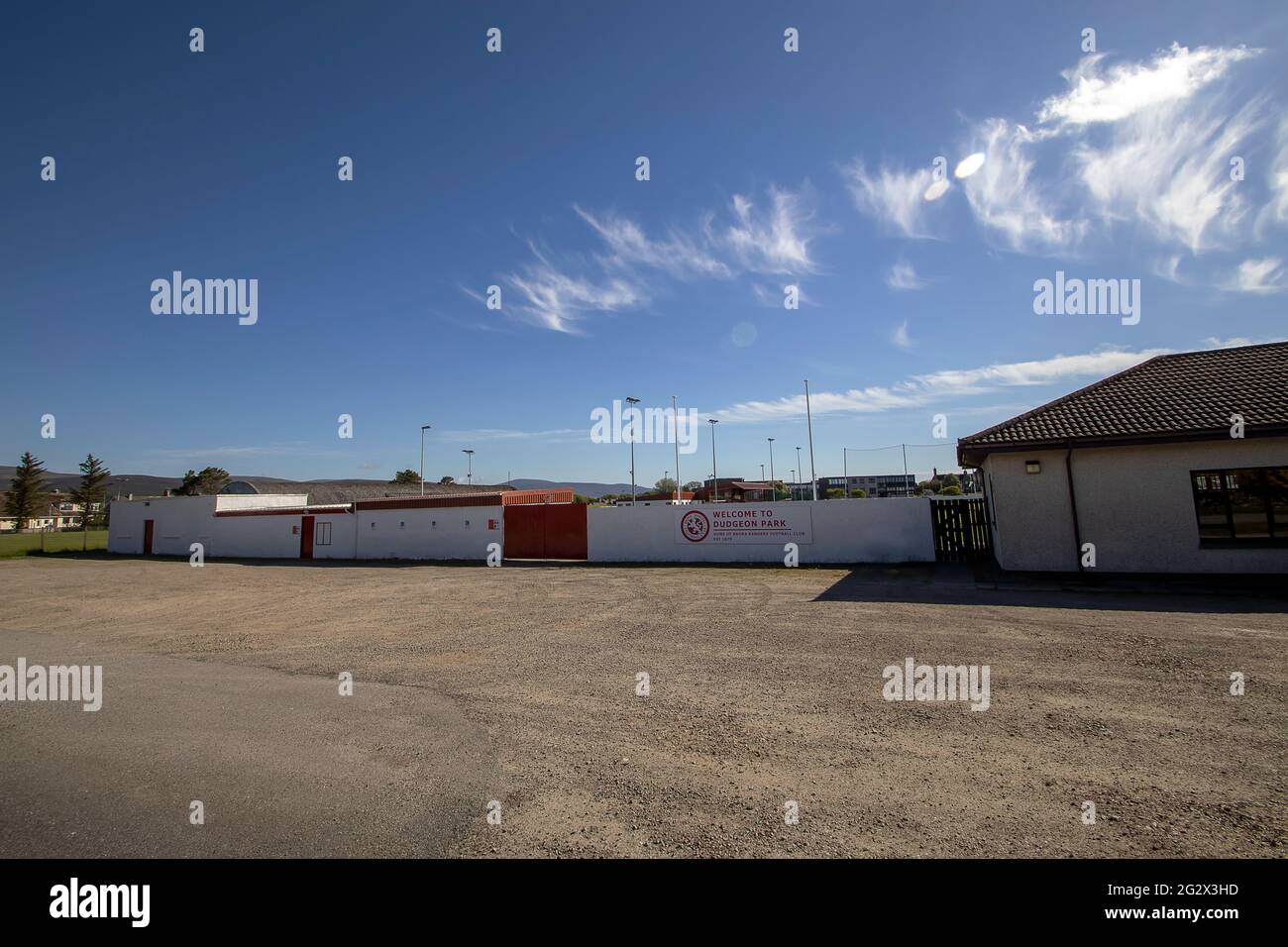 Dudgeon Park è la sede della squadra di Highland League del Brora Rangers Football Club in Scozia, Regno Unito Foto Stock
