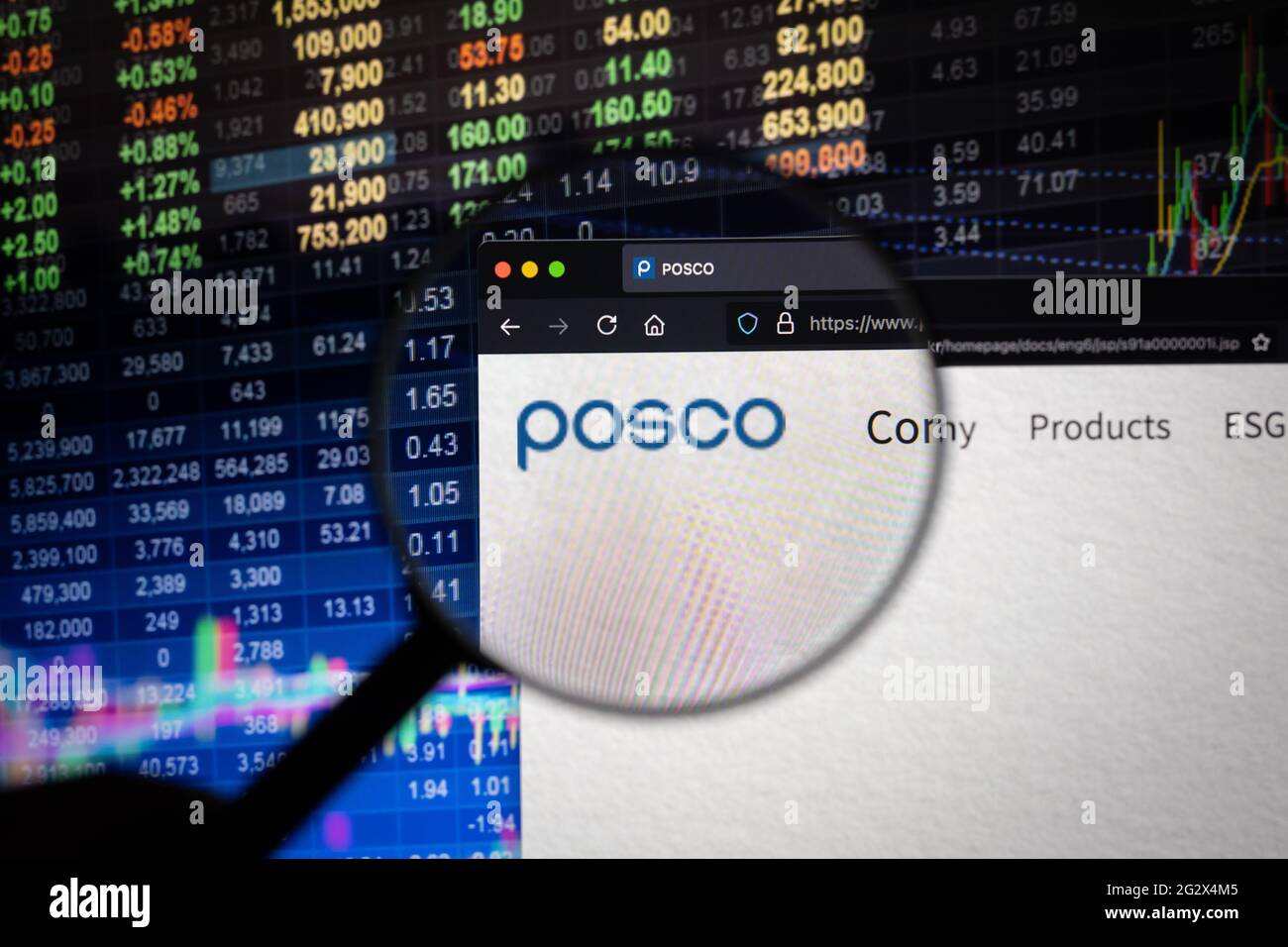 Logo aziendale POSCO su un sito Web con sviluppi sfocati del mercato azionario sullo sfondo, visto su uno schermo del computer attraverso una lente di ingrandimento Foto Stock