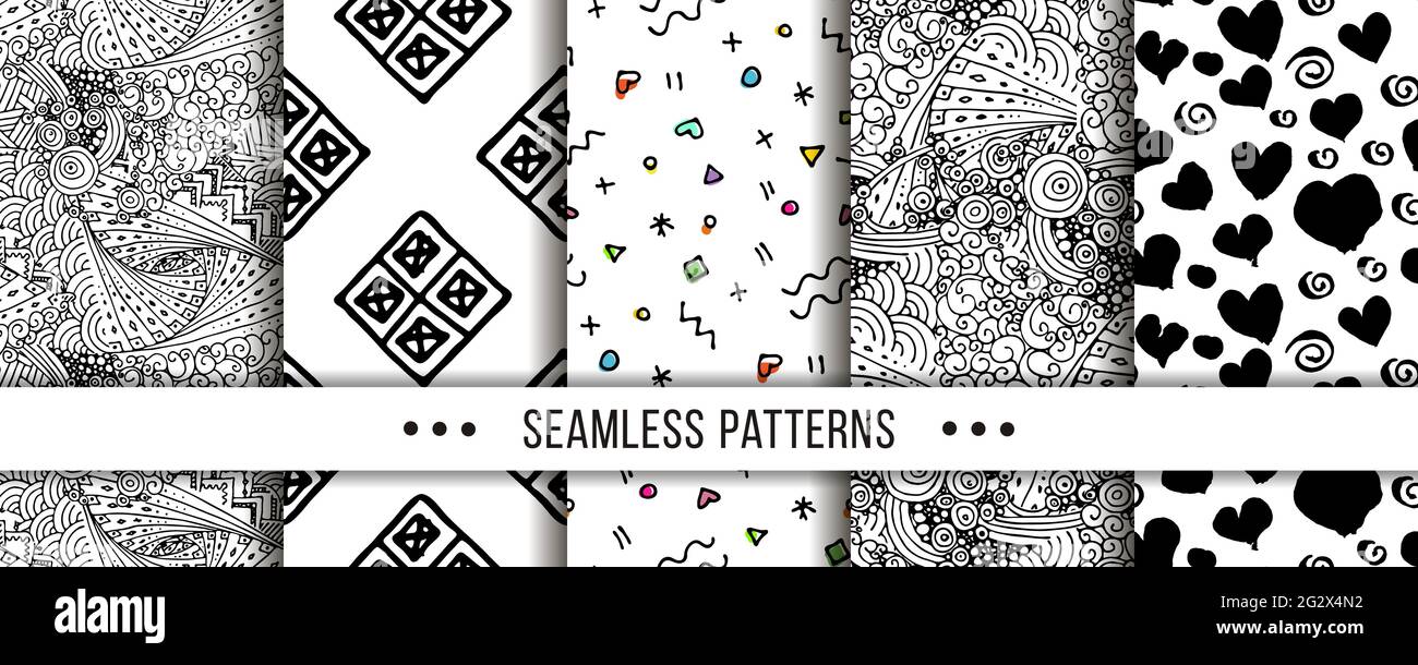 Set di motivi senza giunture con texture di elementi disegnati a mano, illustrazione astratta della silhouette nera su sfondo bianco. Raccolta vettoriale Illustrazione Vettoriale