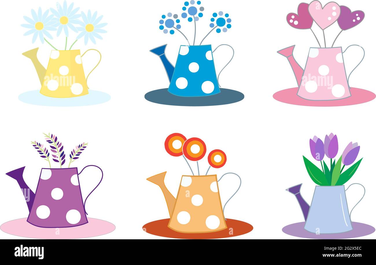 Set di graziosi vasi retrò disegnati sotto forma di una lattina d'irrigazione, con vari bouquet di fiori Illustrazione Vettoriale