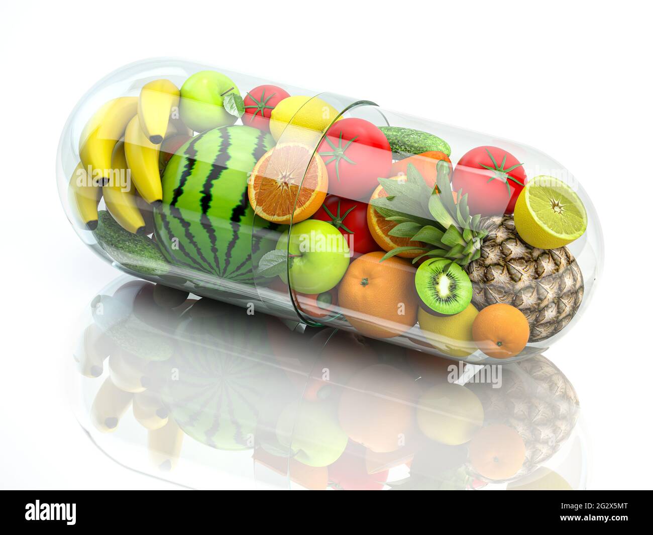 Capsula di pillola di vitamina con frutta e verdura. Integrazione nutrizionale e concetto di alimentazione sanitaria. illustrazione 3d Foto Stock