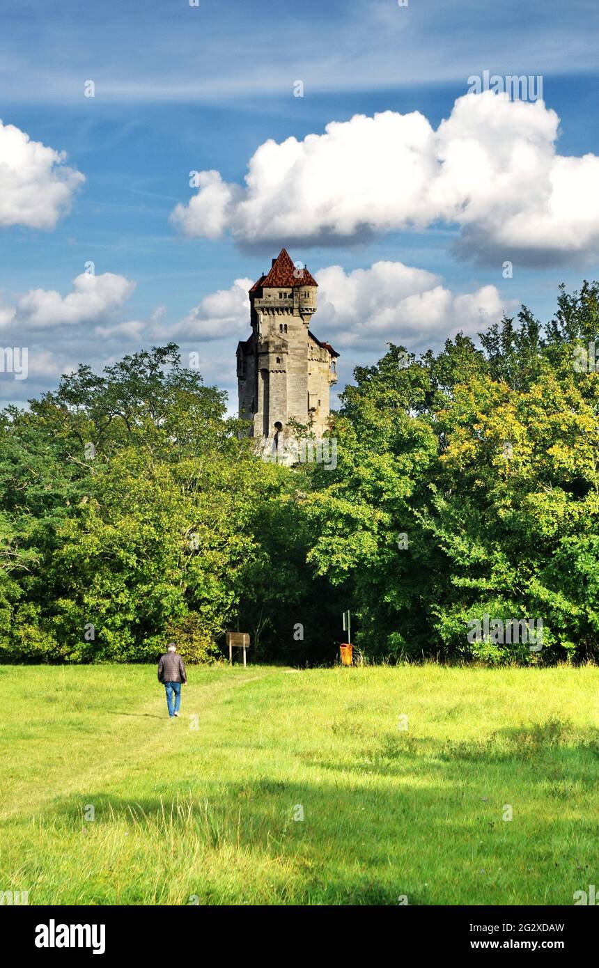Prato con un uomo che cammina e un castello sullo sfondo. Liechtenstein Castello dal 12 ° secolo, castello vicino Maria Enzersdorf in bassa Austria. Foto Stock
