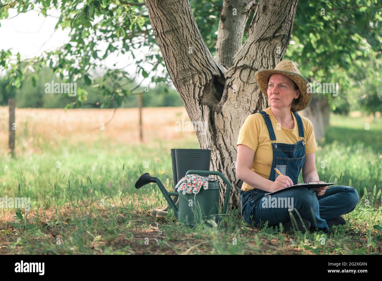 Femmina contadino scrivere note sulla clipboard blocco note in inglese organico frutteto fattoria di frutta di noce Foto Stock