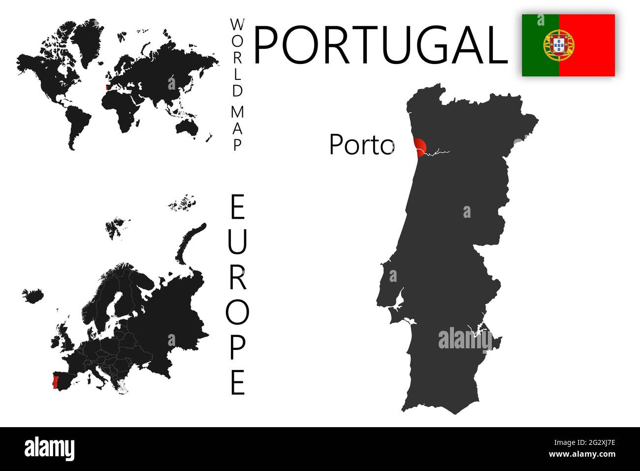 Mappa vettoriale realistica del Portogallo con bandiera. La posizione del paese sulla mappa del mondo e dell'Europa. Una silhouette con bordi dettagliati della Illustrazione Vettoriale