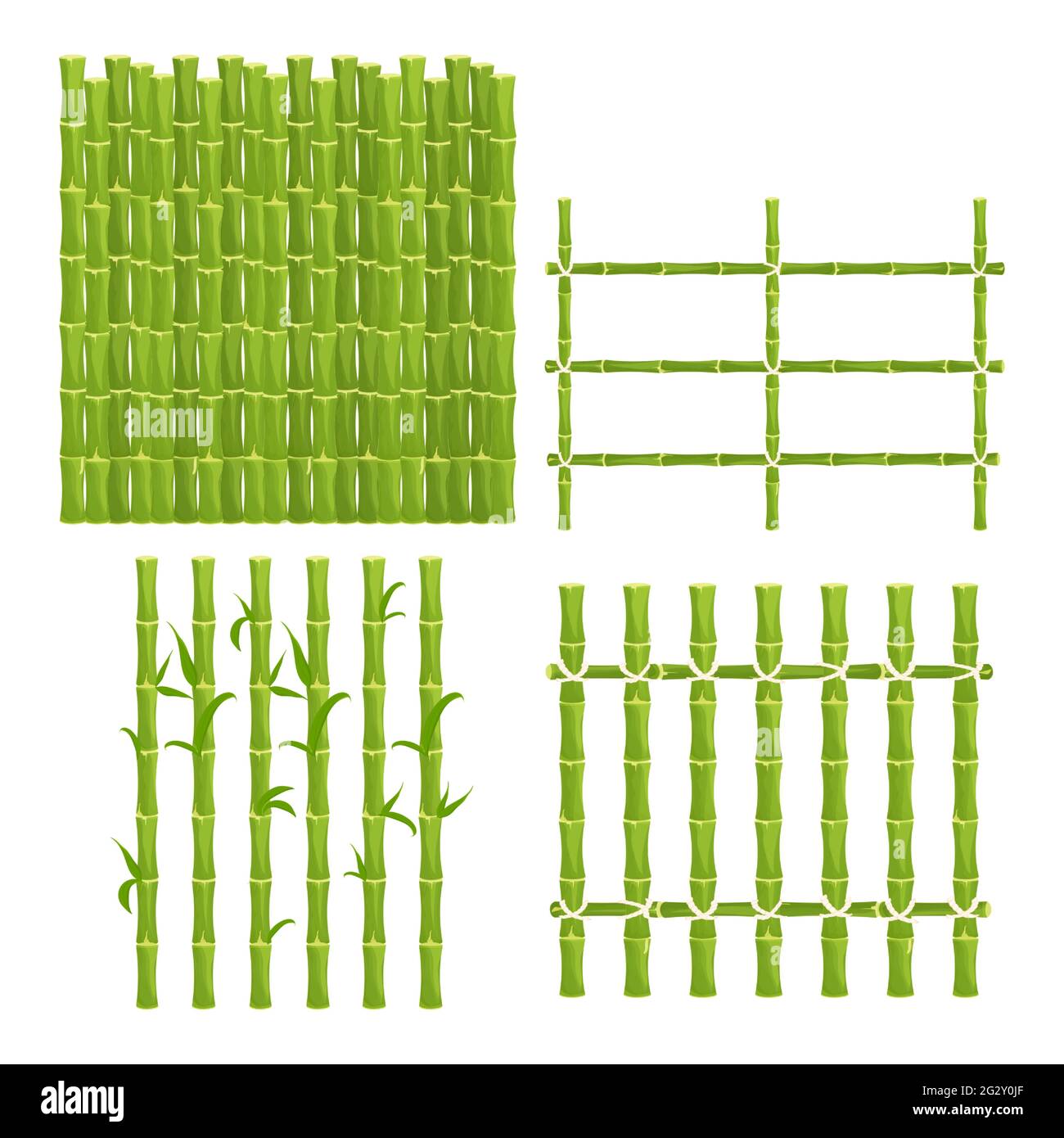 Set recinto di bambù verde con corda, picket da bastoni, parete natura in stile cartone animato isolato su sfondo bianco. Barriera naturale da bastoni, tavole. Illustrazione Vettoriale