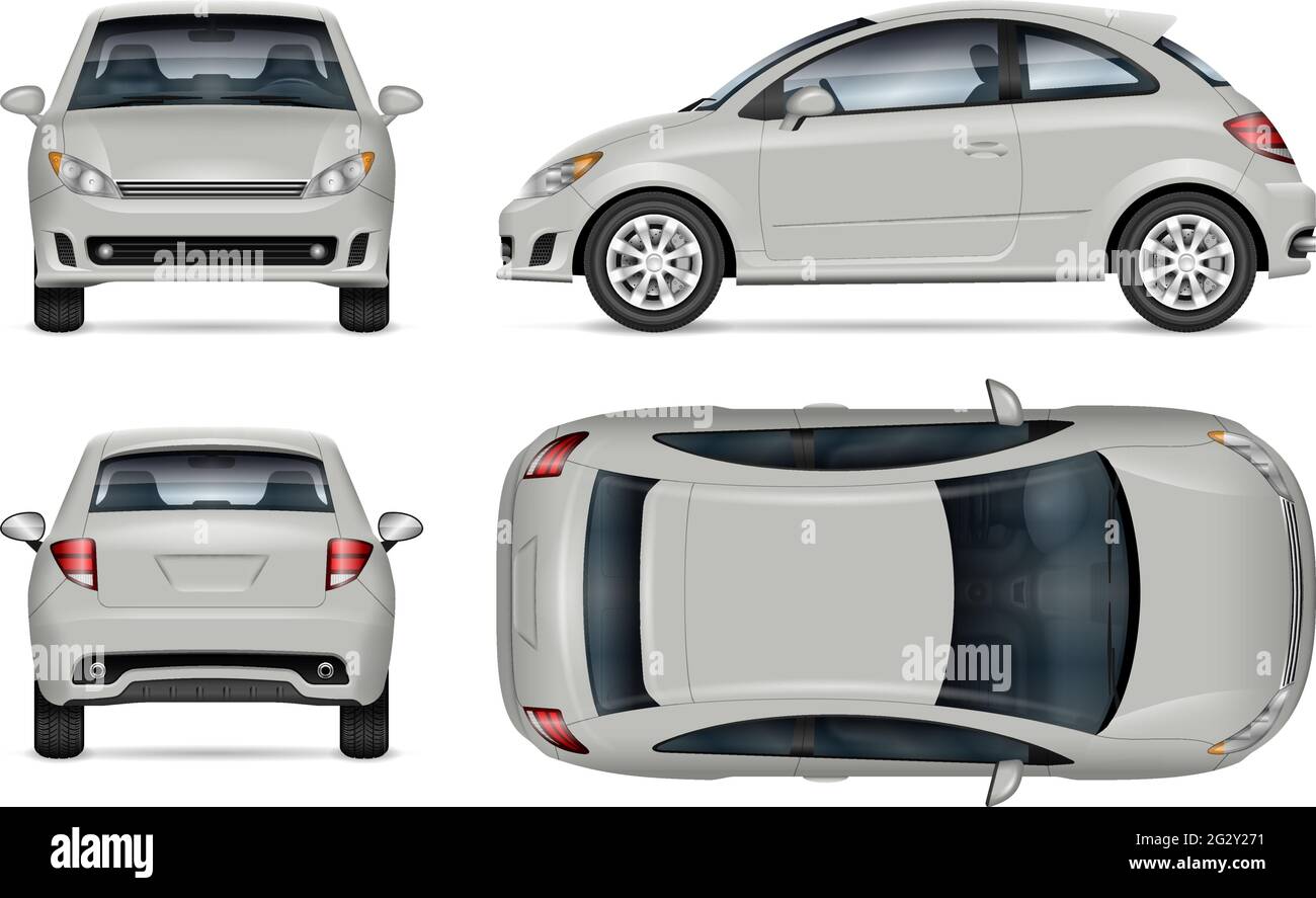 Mockup vettore mini auto su sfondo bianco per il marchio del veicolo, l'identità aziendale. Tutti gli elementi dei gruppi su livelli separati per facilitare la modifica. Illustrazione Vettoriale