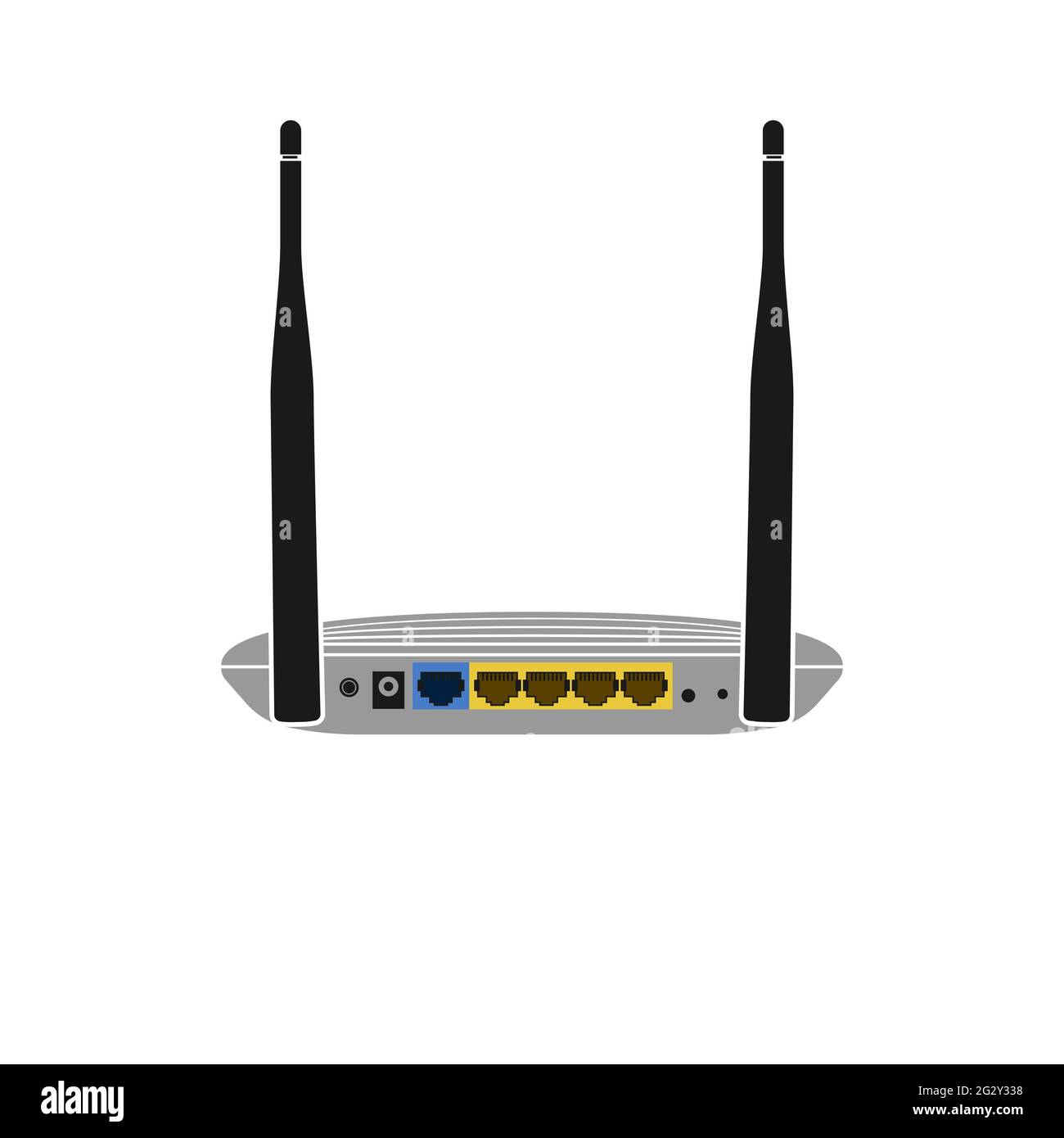 Icona vettoriale realistica sul retro di un router Wi-Fi con due antenne e porte per il collegamento di un cavo Internet. Internet wireless. Illustrazione Vettoriale