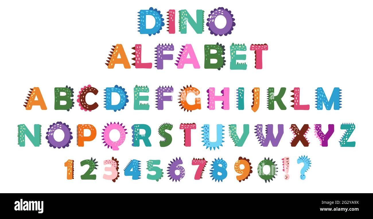 Divertente alfabeto Dino fumetto e numeri in stile cartoon. Brillante illustrazione moderna per i bambini, asilo nido, poster, scheda, festa di compleanno, carta da imballaggio de Illustrazione Vettoriale
