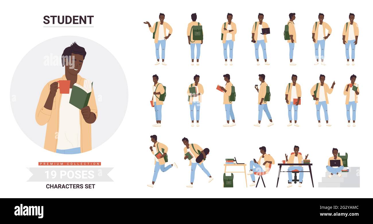 Il giovane studente nero afroamericano pone un insieme di illustrazioni vettoriali infografiche. Studente di cartoni animati che tiene una tazza di caffè, in posa con studio del libro, a piedi con lo zaino, pista skateboard isolato Illustrazione Vettoriale