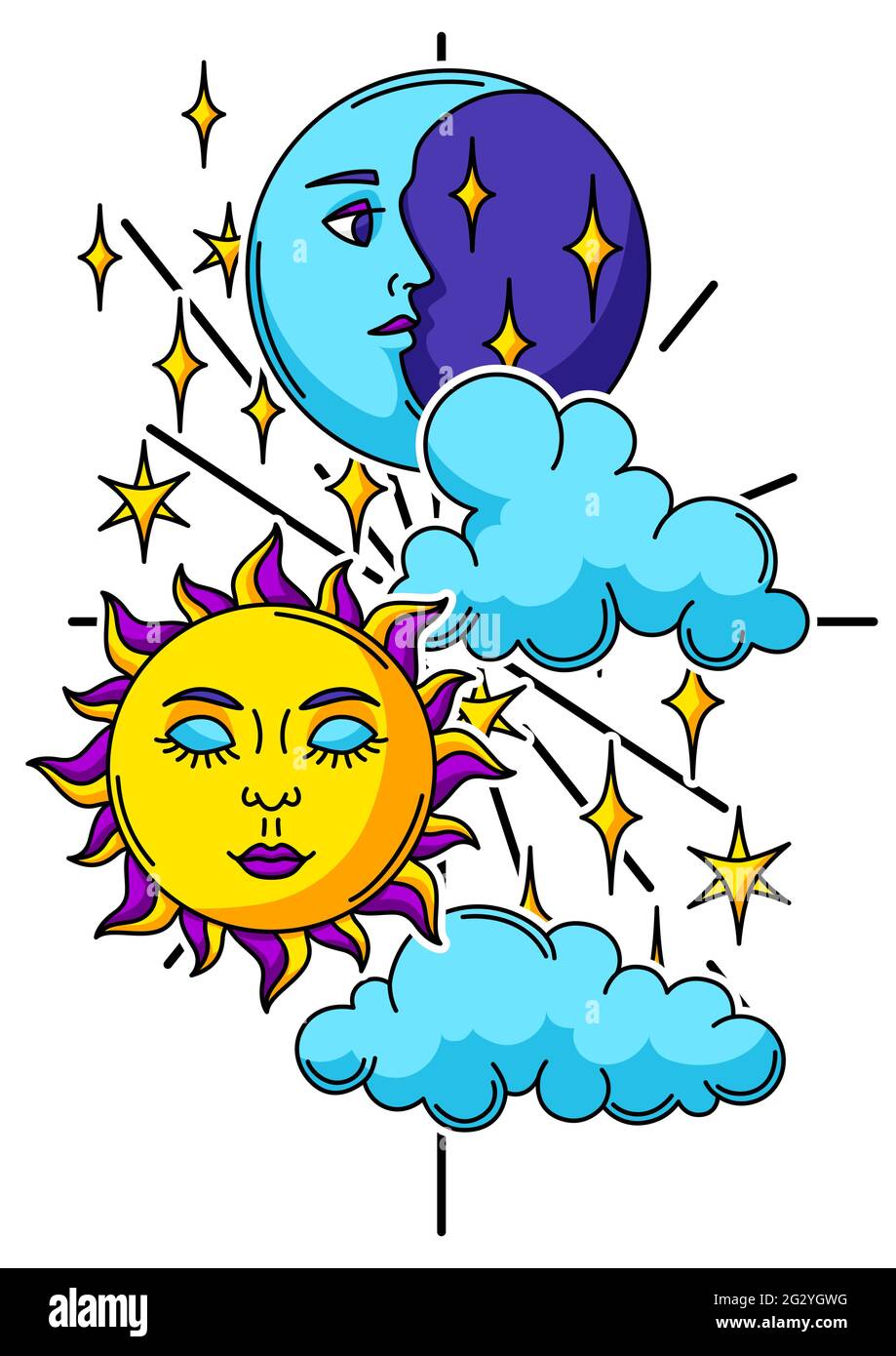 Illustrazione magica con sole e luna. Stampa vettoriale isolata Illustrazione Vettoriale