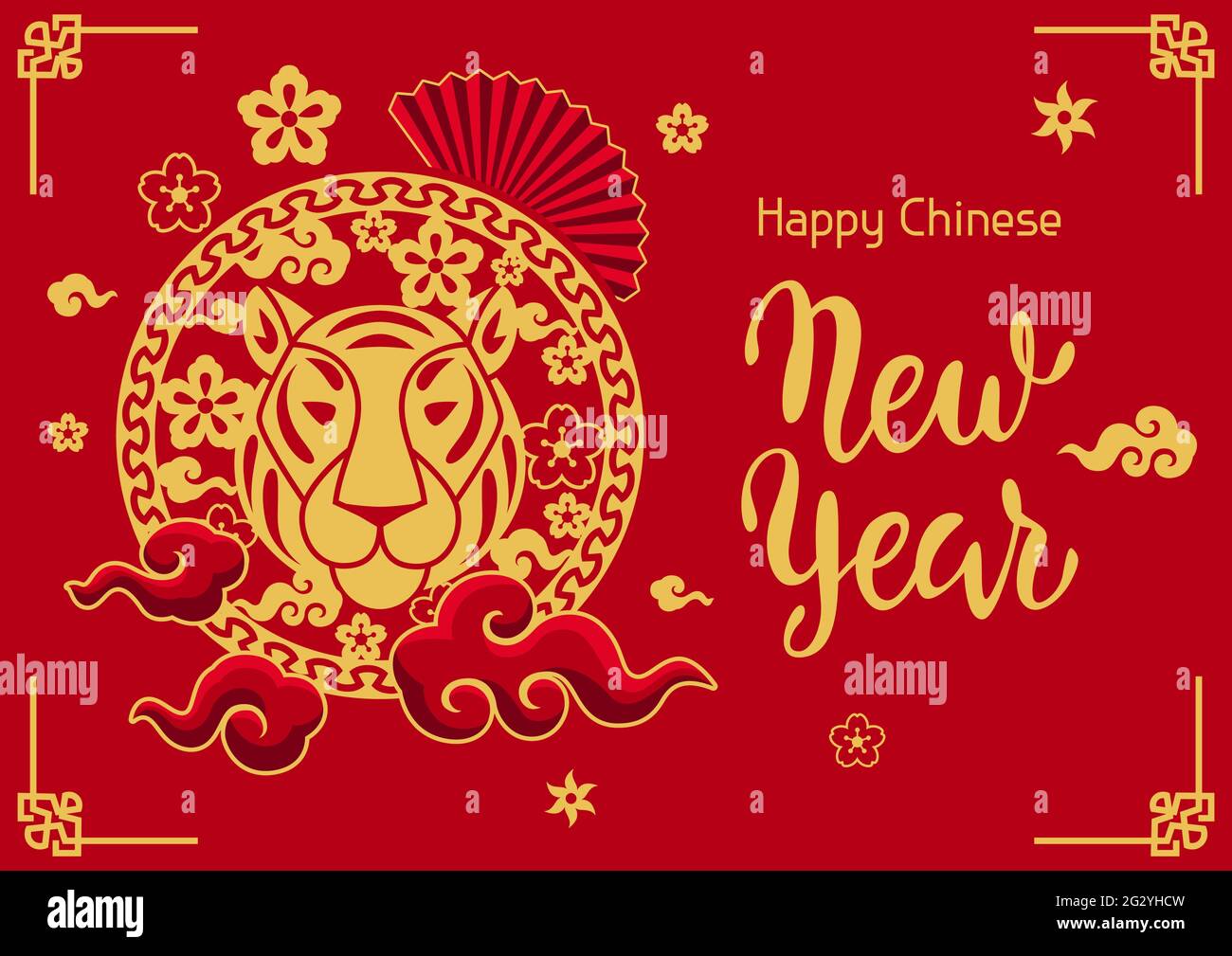 Biglietto d'auguri di buon anno per la Cina. Sfondo con il simbolo della tigre di 2022. Illustrazione Vettoriale