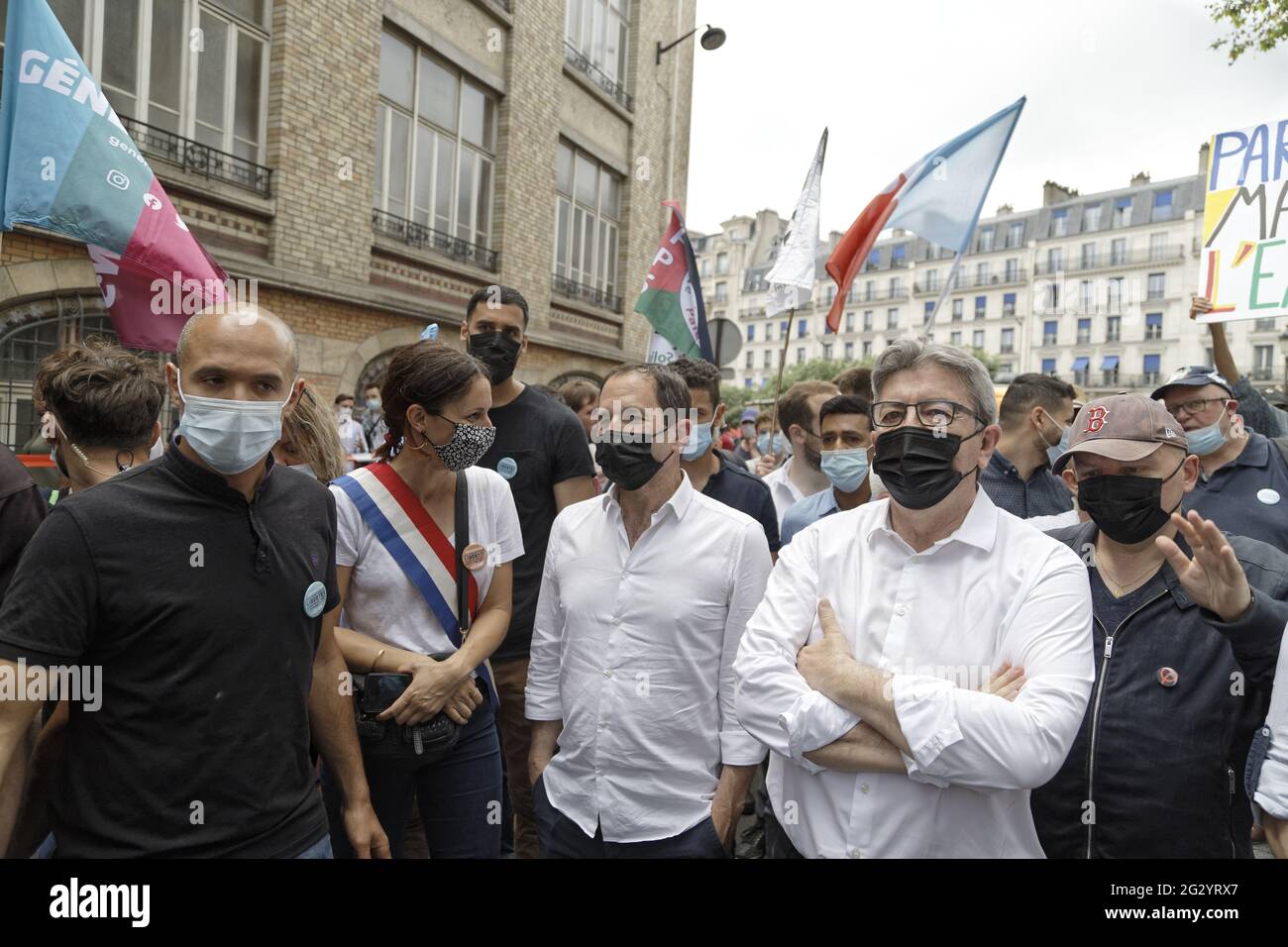 Parigi, Francia. 6 Giugno 2021. Benoît Hamon e Jean-Luc Mélenchon partecipano alla marcia nazionale PER LE NOSTRE LIBERTÀ a Parigi, Francia. Foto Stock