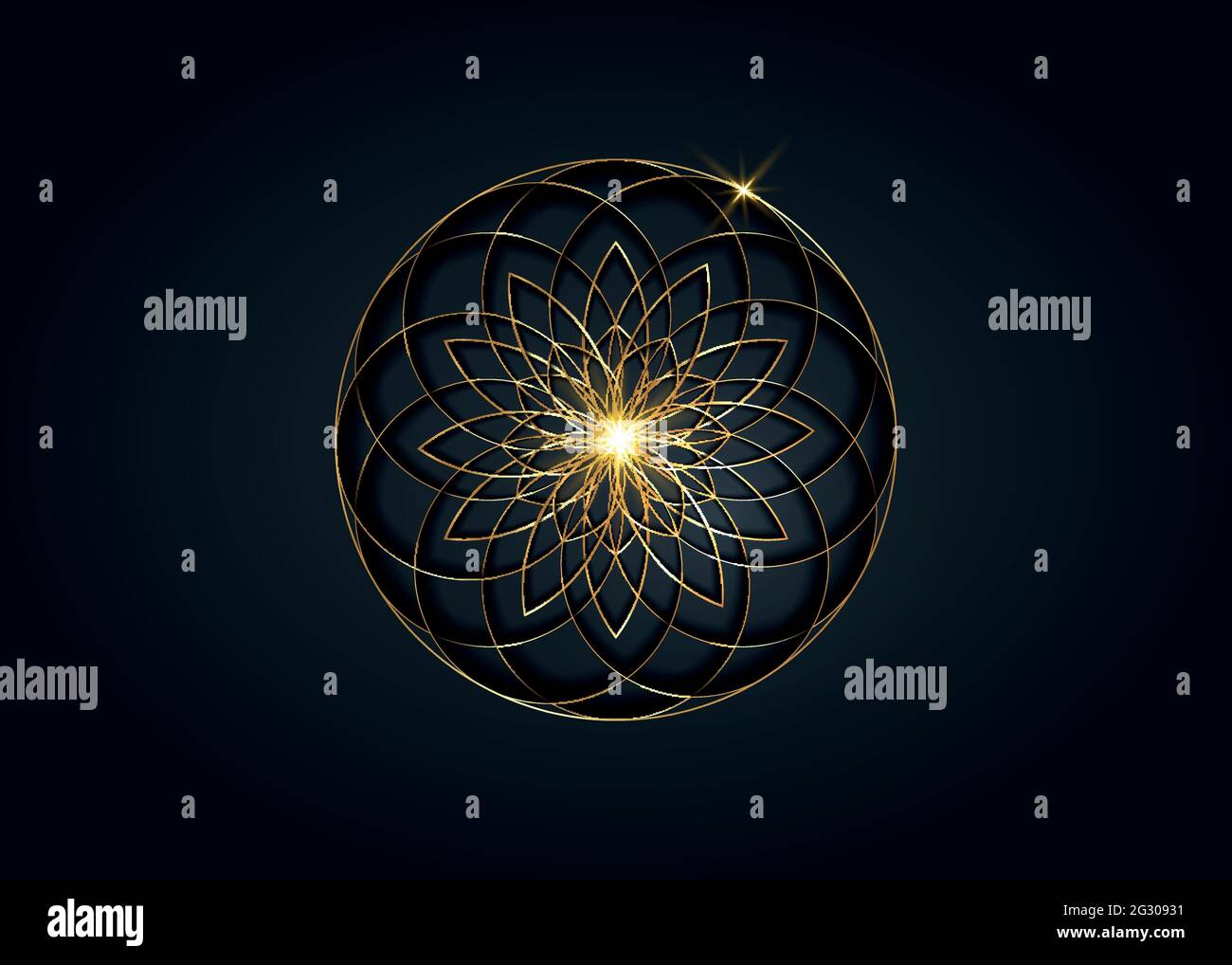 Fiore di vita simbolo geometria Sacra. Oro lusso Logo icona round line arte mistica geometrica mandala di alchimia seme esoterico della vita. Segno vettoriale Illustrazione Vettoriale