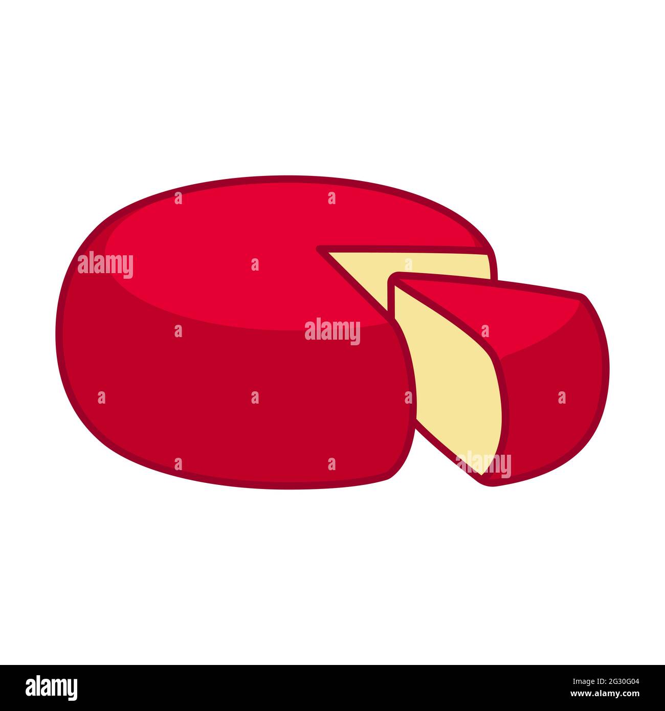 Formaggio Edam cartoon con scorza di cera rossa. Mola da formaggio con pezzo tagliato. Illustrazione della clip art vettoriale isolata. Illustrazione Vettoriale