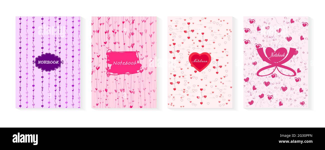 Set di mascherine per notebook con cuori colorati con texture e design disegnati a mano, per il giorno di San Valentino e per notebook, pianificatore, diario Illustrazione Vettoriale