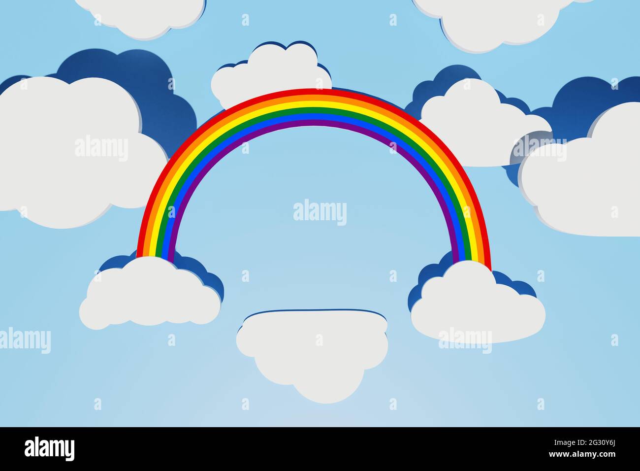 LGBT Pride Concept. Sfondo astratto con l'arcobaleno LGBT, nuvola come  podio e diversa forma nuvole piatte bianche con ombre su cielo blu.  Creativo Foto stock - Alamy