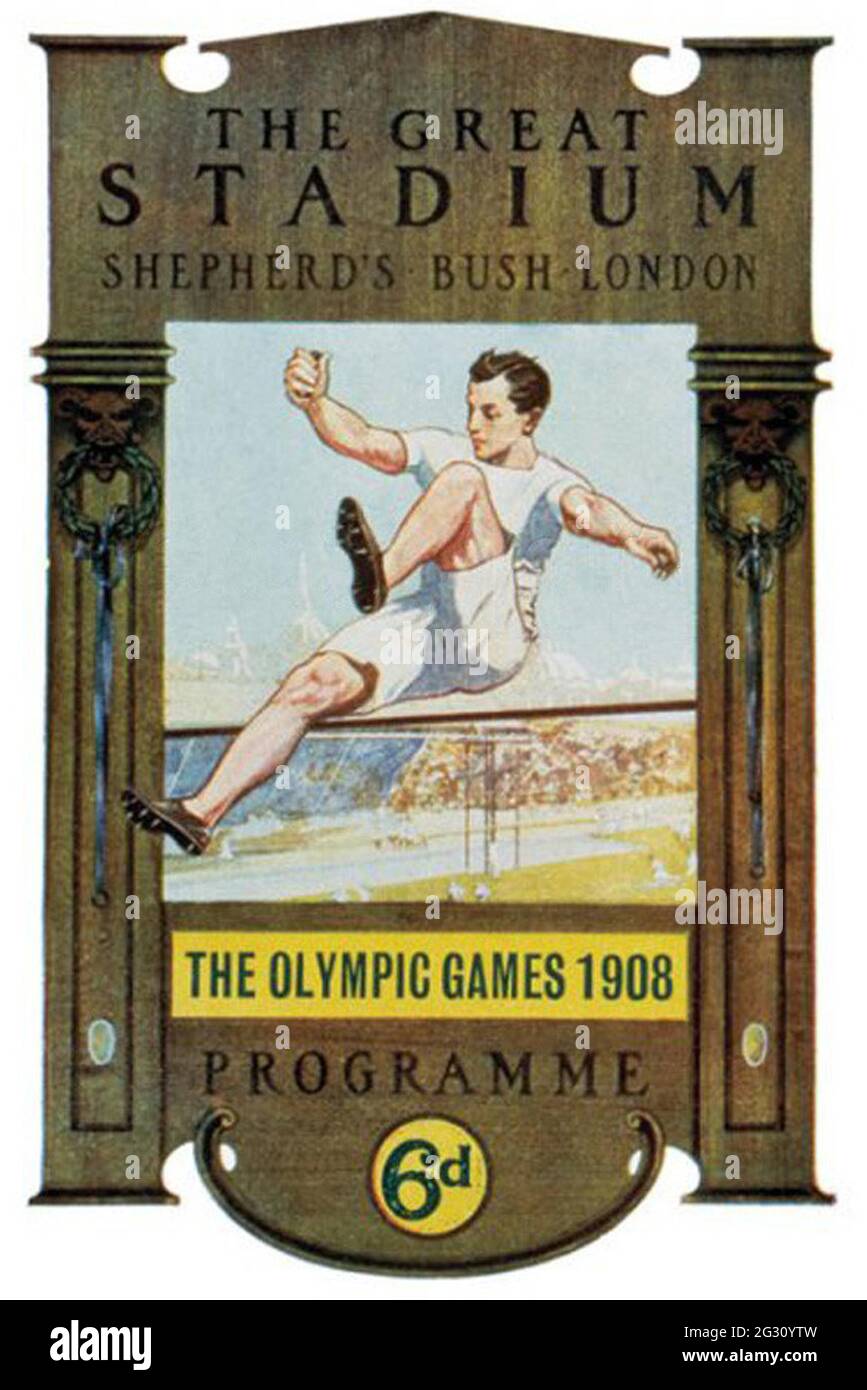 Programma Olimpico di Londra - 1908 - il Grande Stadio Shepherds Bush - Poster Olimpico d'epoca Foto Stock