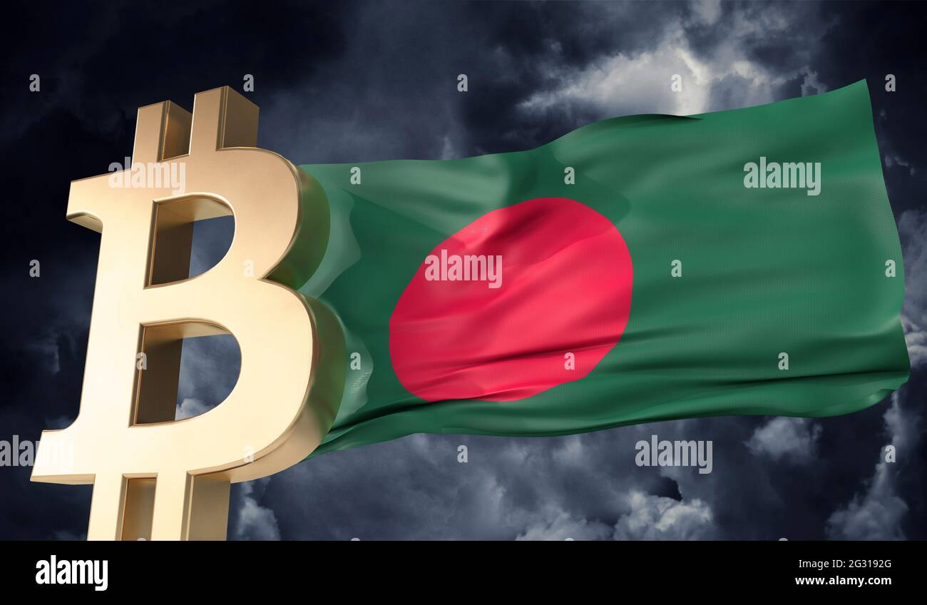 Criptocurrenza con moneta d'oro e bandiera del Bangladesh sventolante. Rendering 3D Foto Stock