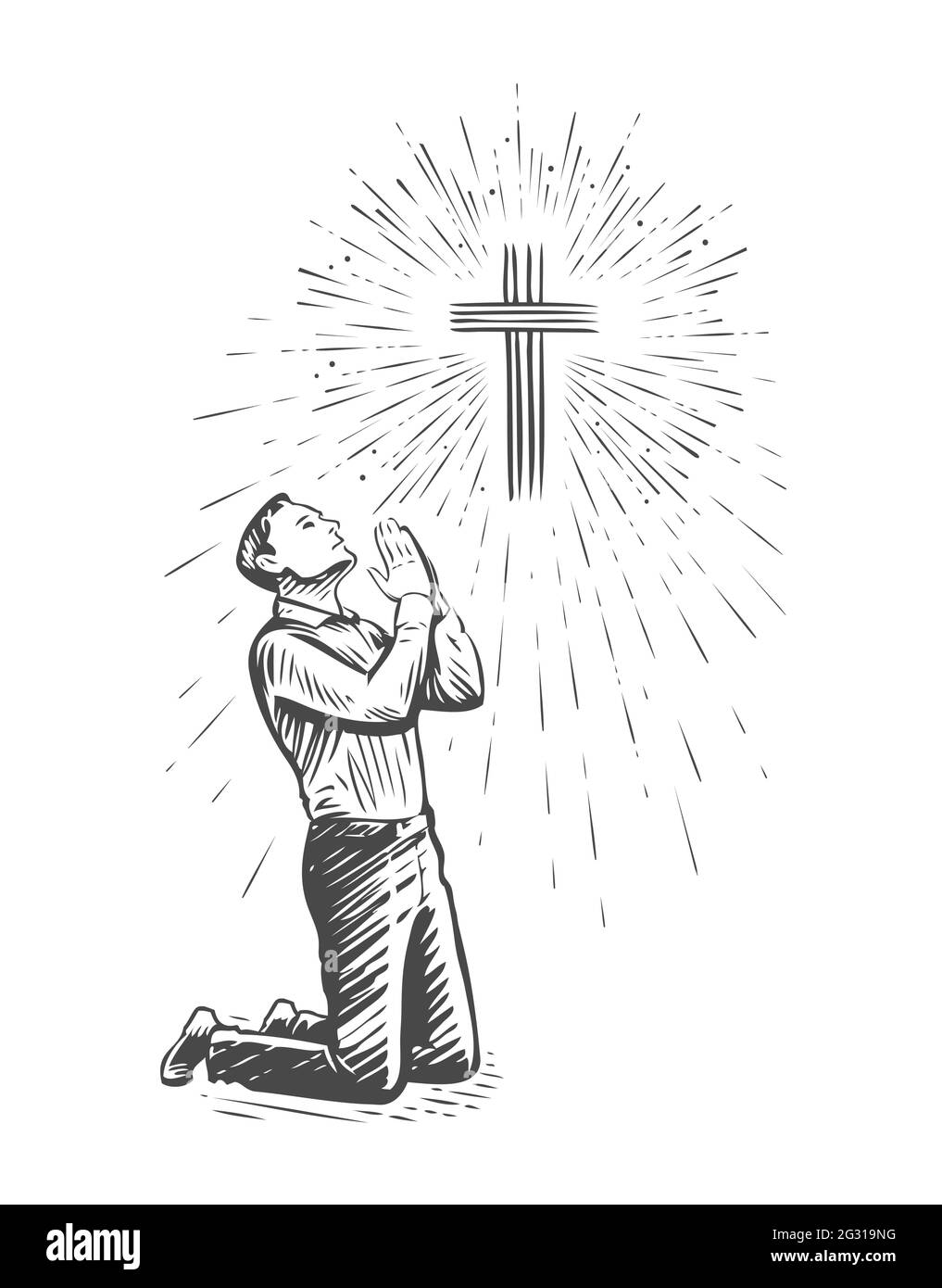 Disegno di preghiera umana con le mani piegate nel culto. Illustrazione vettoriale disegnata a mano Illustrazione Vettoriale