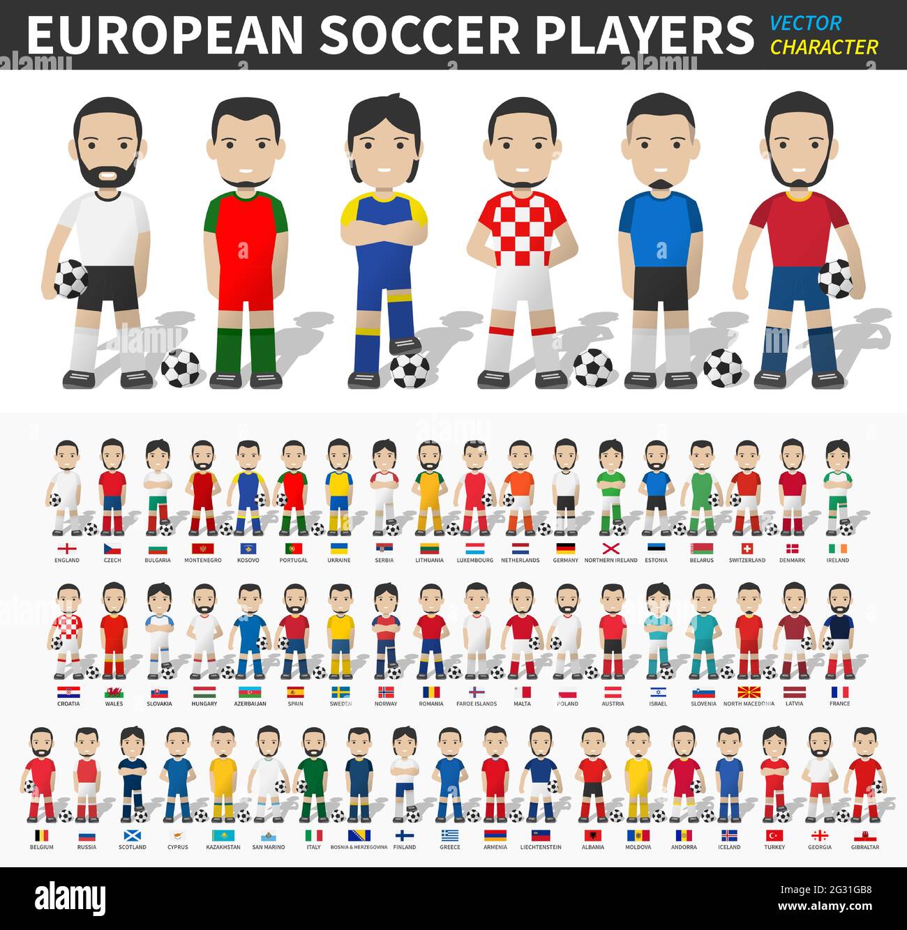 Torneo europeo di Coppa di calcio 2020 e 2021 . Set di calciatori con maglia e bandiera nazionale . Disegno piano a caratteri cartoni animati . Bianco isolato Illustrazione Vettoriale