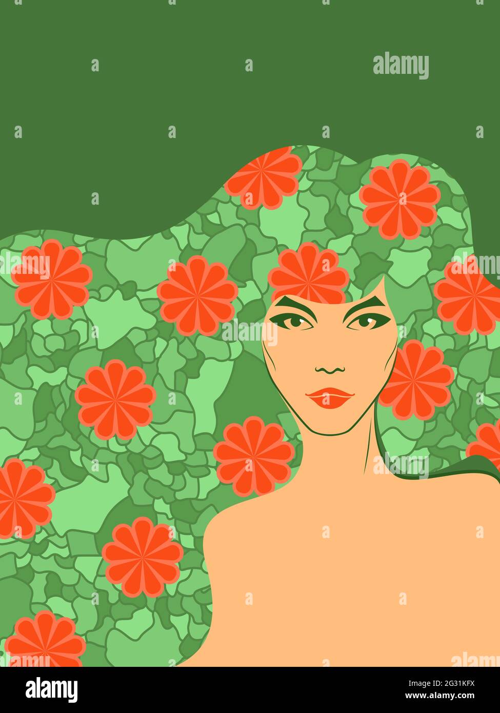 Donna misteriosa con lussuosi capelli floreali nelle tonalità verde e arancio Illustrazione Vettoriale