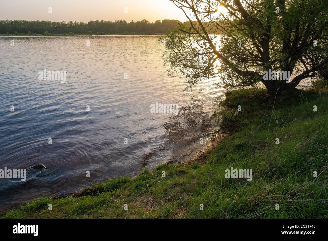 Serata sul fiume Volga con il sole arancione e le acque calme e calme, la Russia. Foto Stock