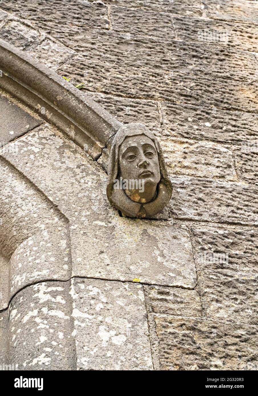 Testa di pietra scolpita, Clark Street Congregational Church Foto Stock