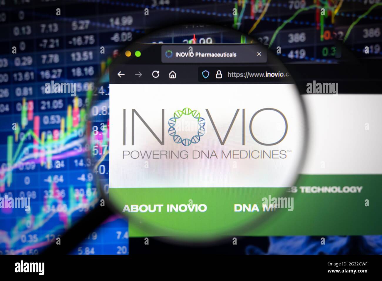 Inovio Company logo su un sito web con sviluppi sfocati del mercato azionario in background, visto su uno schermo del computer attraverso una lente di ingrandimento Foto Stock