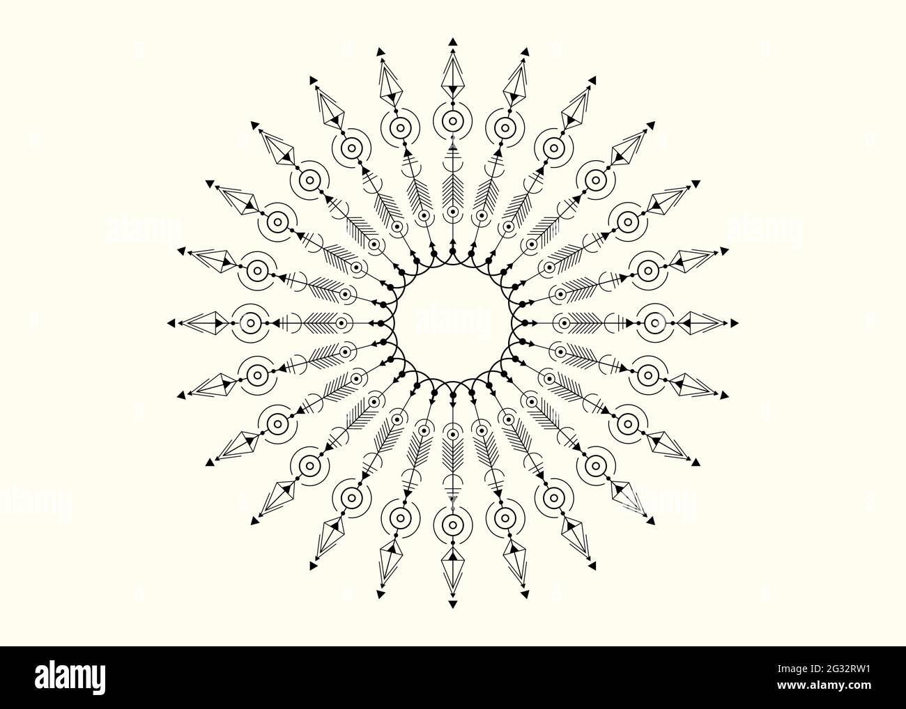 Mandala di frecce etniche grafiche, disegno tatuaggio. Totem vettoriale rotondo, geometria sacra, elementi di disegno hipster. Arte vettoriale, clipart. GE. Mistico astratto Illustrazione Vettoriale