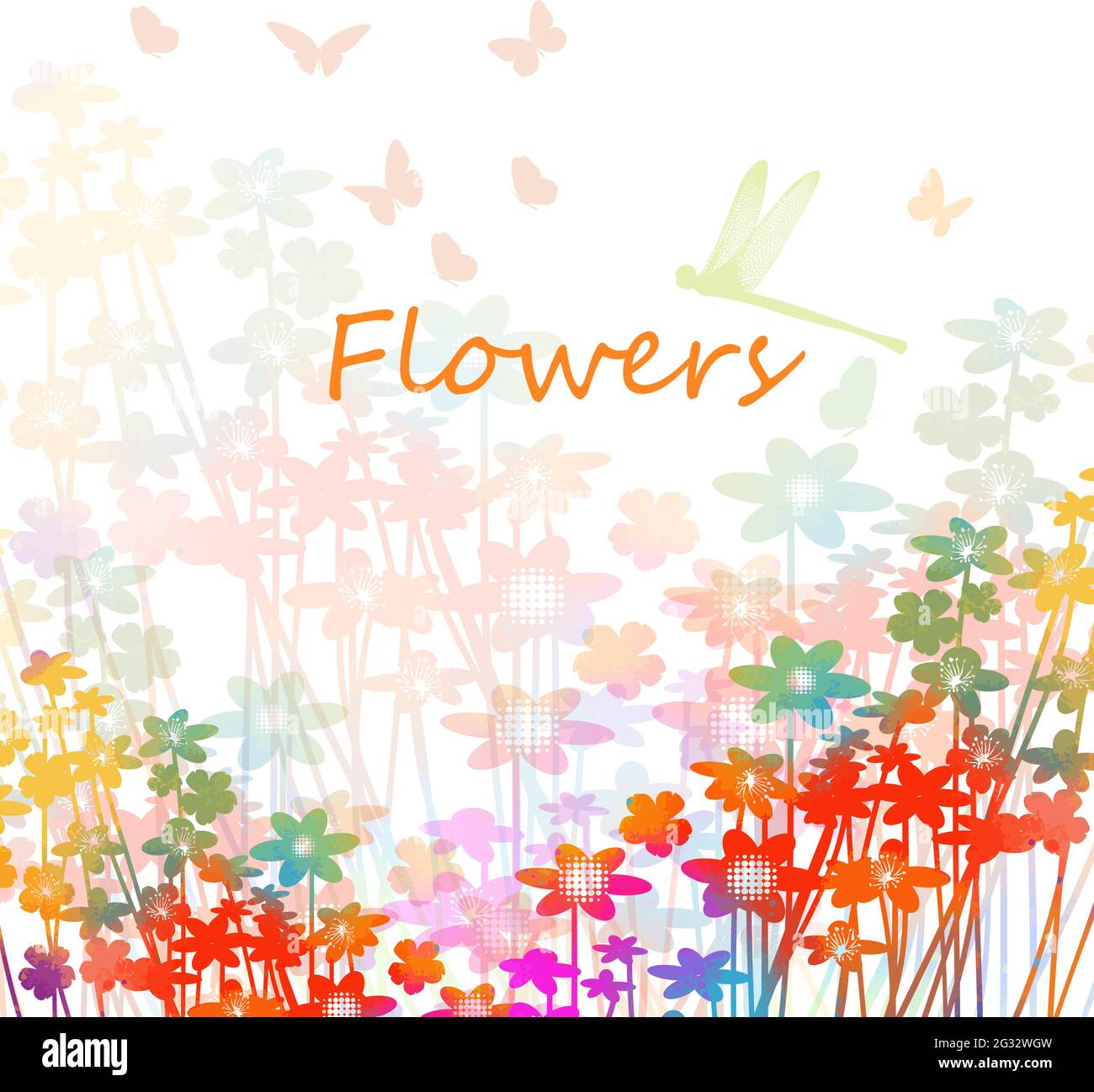 Lo sfondo è una cartolina con fiori piccoli e multicolore. Estate. Prato multicolore con farfalle volanti . Illustrazione vettoriale Illustrazione Vettoriale