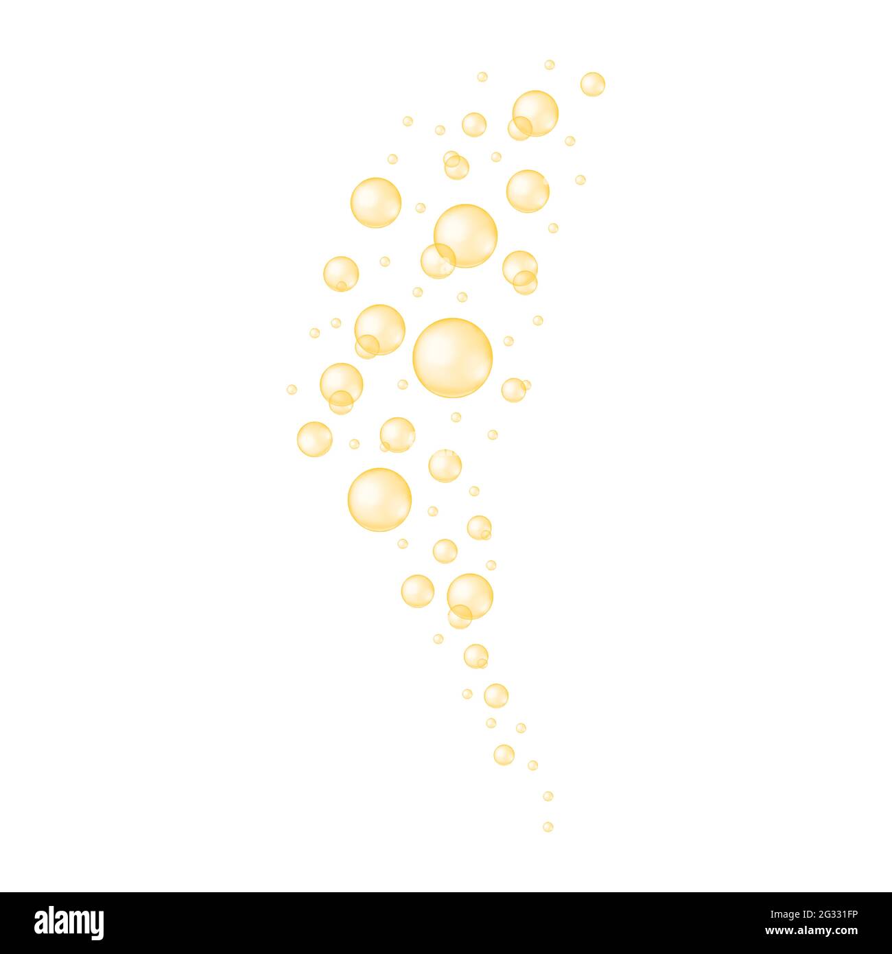 Flusso di bolle d'oro. Bevanda gassata e frizzante. Palline lucide di collagene, siero, olio cosmetico jojoba, vitamina A o e, acidi grassi omega. Illustrazione vettoriale realistica. Illustrazione Vettoriale