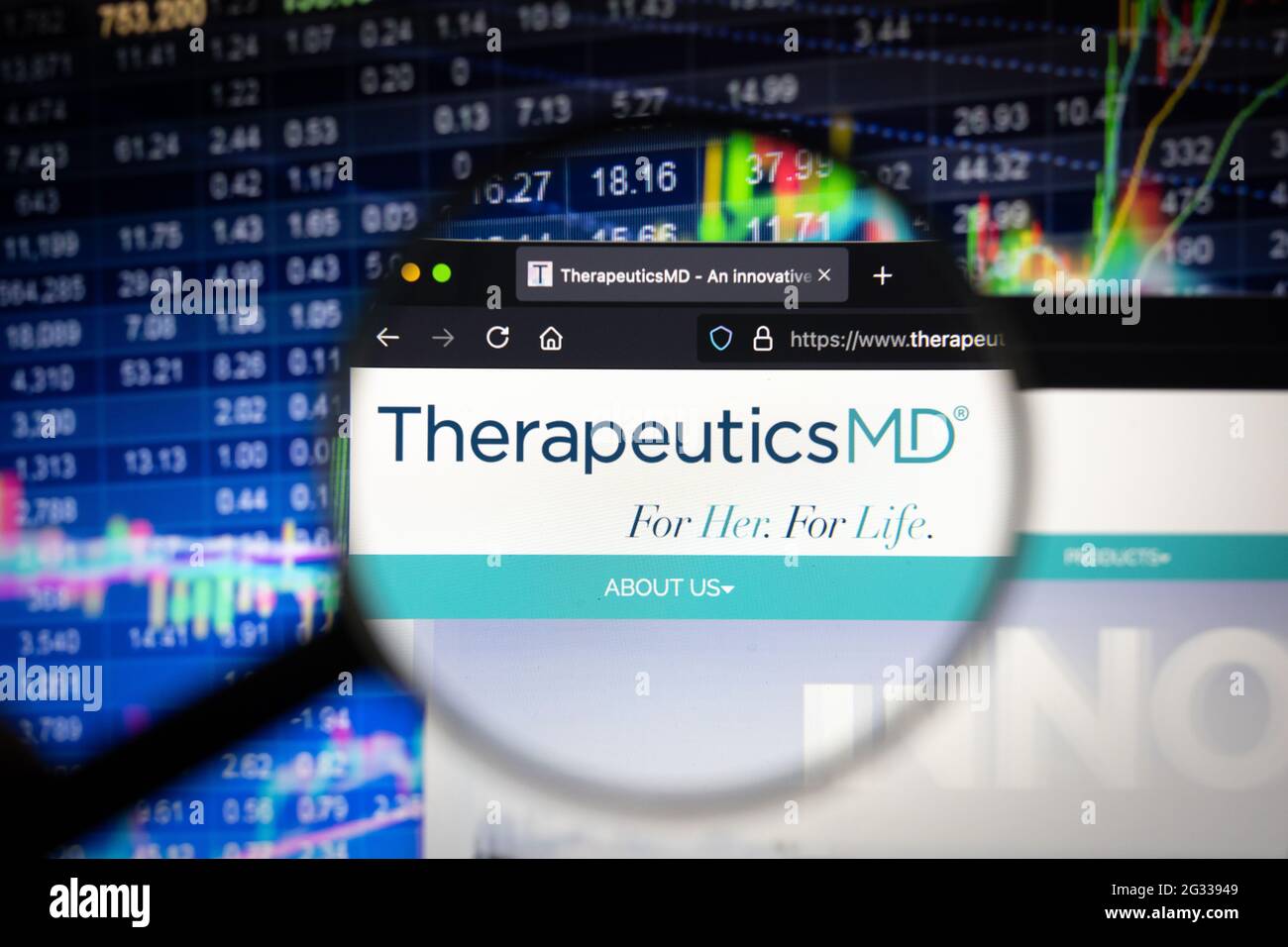 TherapeuticsMD Inc logo aziendale su un sito web con sviluppi del mercato azionario sfocato in background, visto su uno schermo del computer Foto Stock