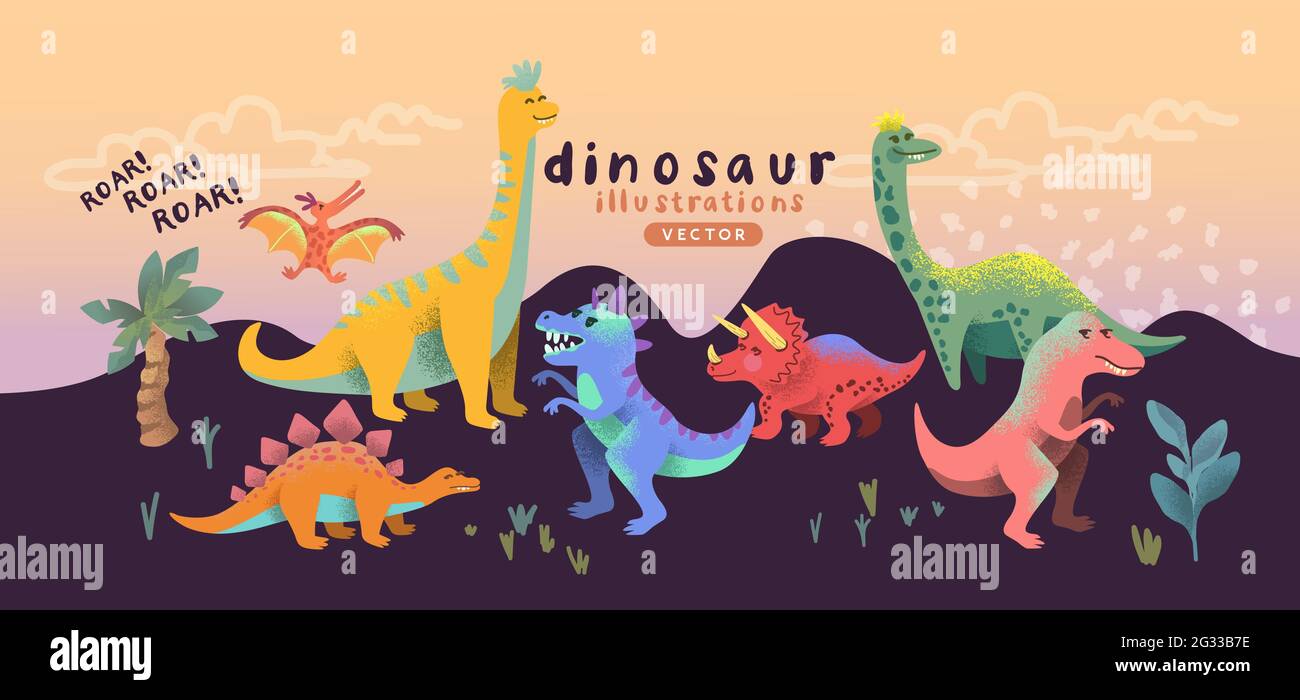 Illustrò colorati e felici dinosauri carini personaggi. Illustrazione vettoriale. Illustrazione Vettoriale