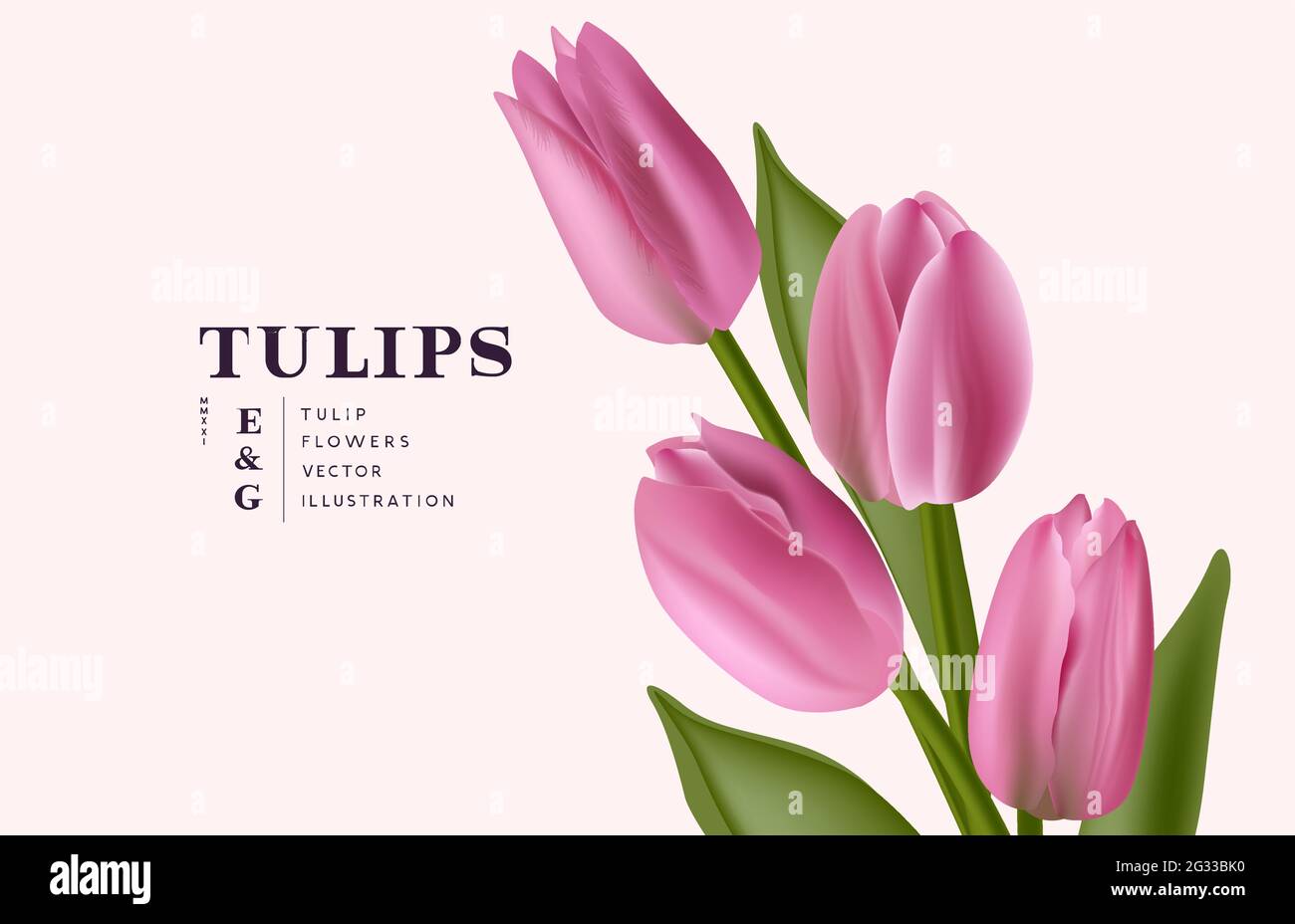 Floreale realistico mazzo di fiori di tulipano sfondo. Illustrazione vettoriale del layout contemporaneo. Illustrazione Vettoriale