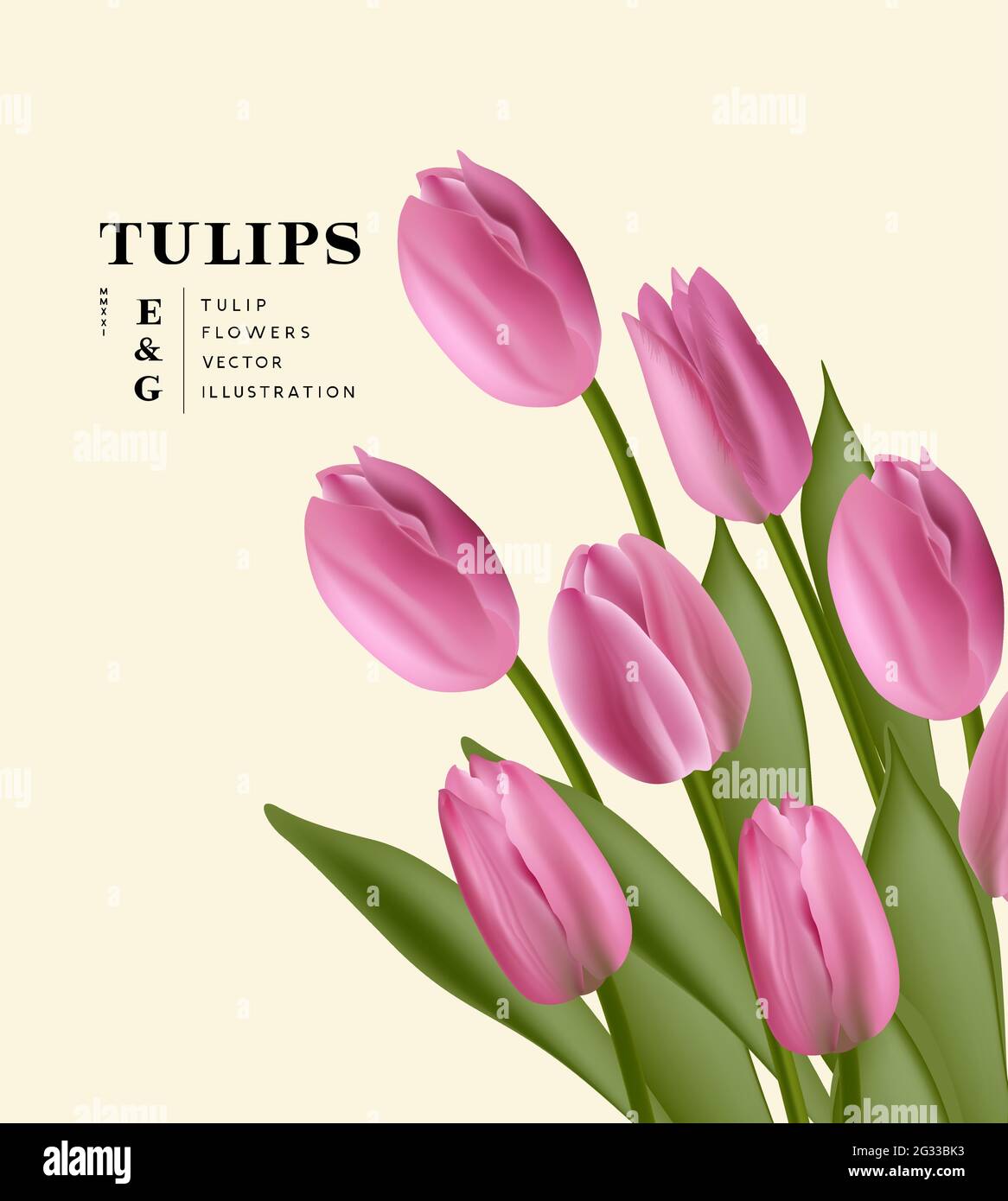 Bouquet floreale realistico di fiori tulipani modello. Illustrazione vettoriale del layout contemporaneo. Illustrazione Vettoriale