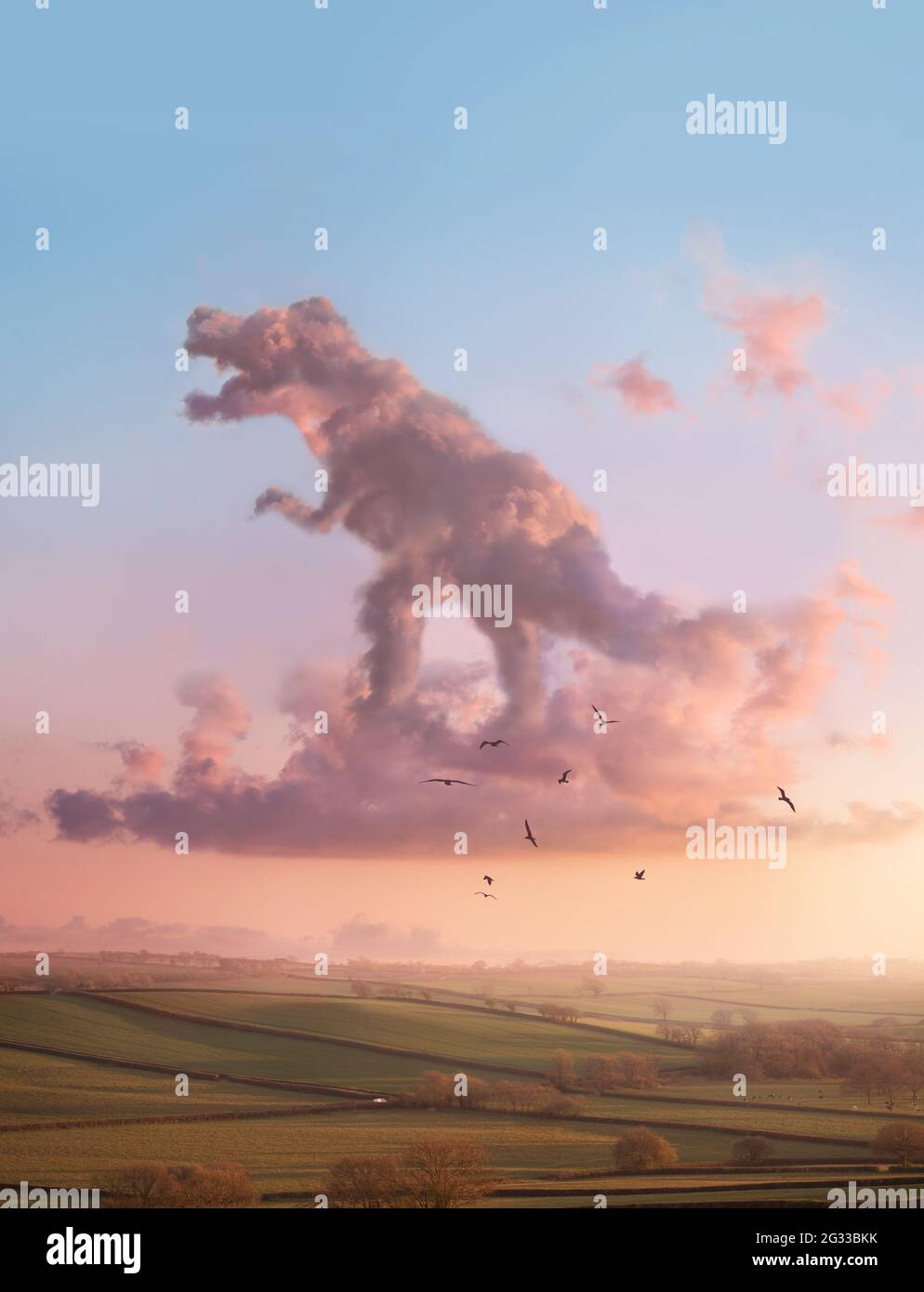 Dinosauro Tyrannosaurus T Rex forma nuvola galleggiando in lontananza in una serata al tramonto. Concetto di nuvole morbide rosa. Illustrazione. Foto Stock