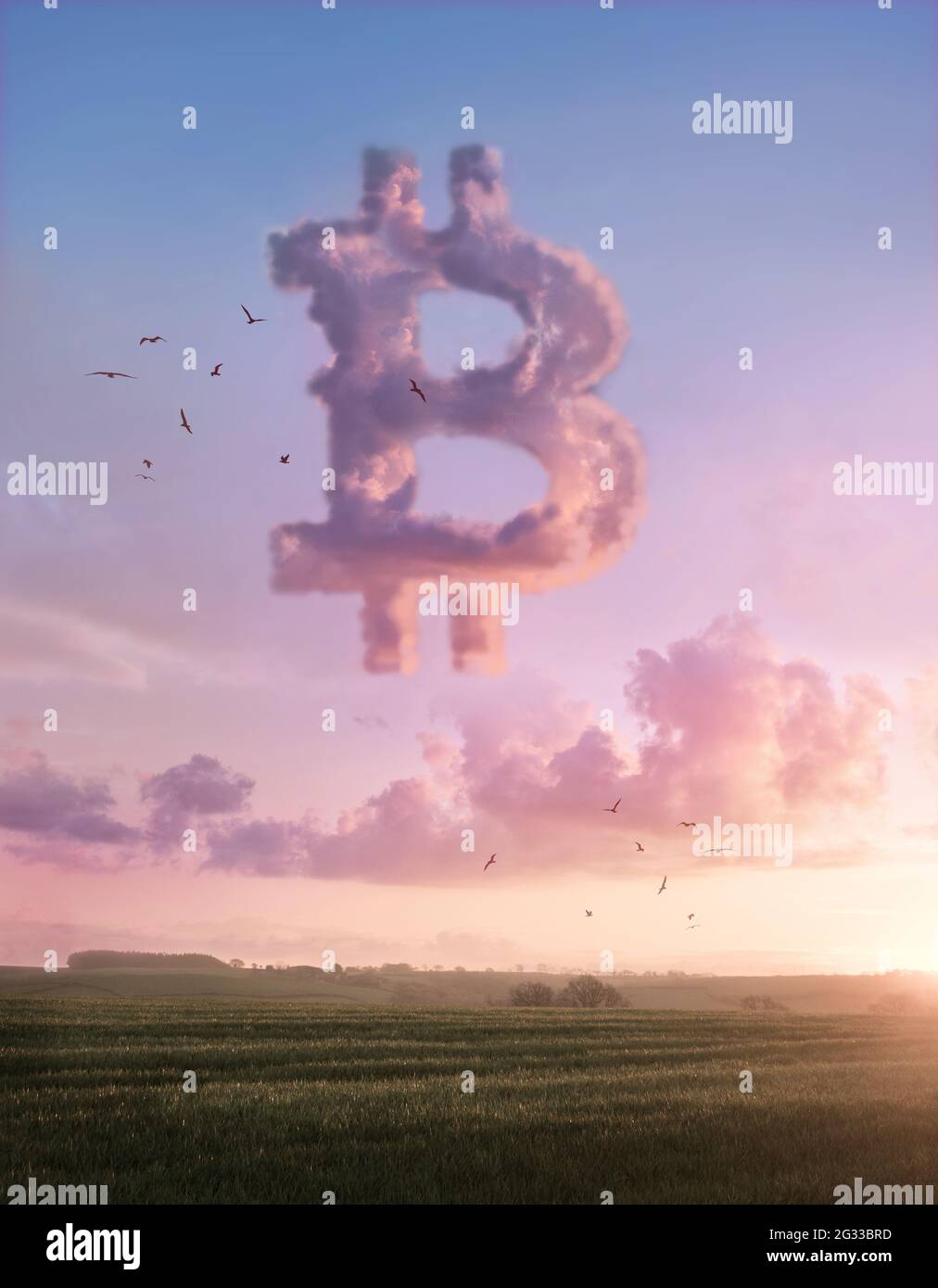 Un tramonto paesaggistico con una soffice nuvola di bitcoin rosa. Illustrazione del concetto di criptovaluta e investimento. Foto Stock