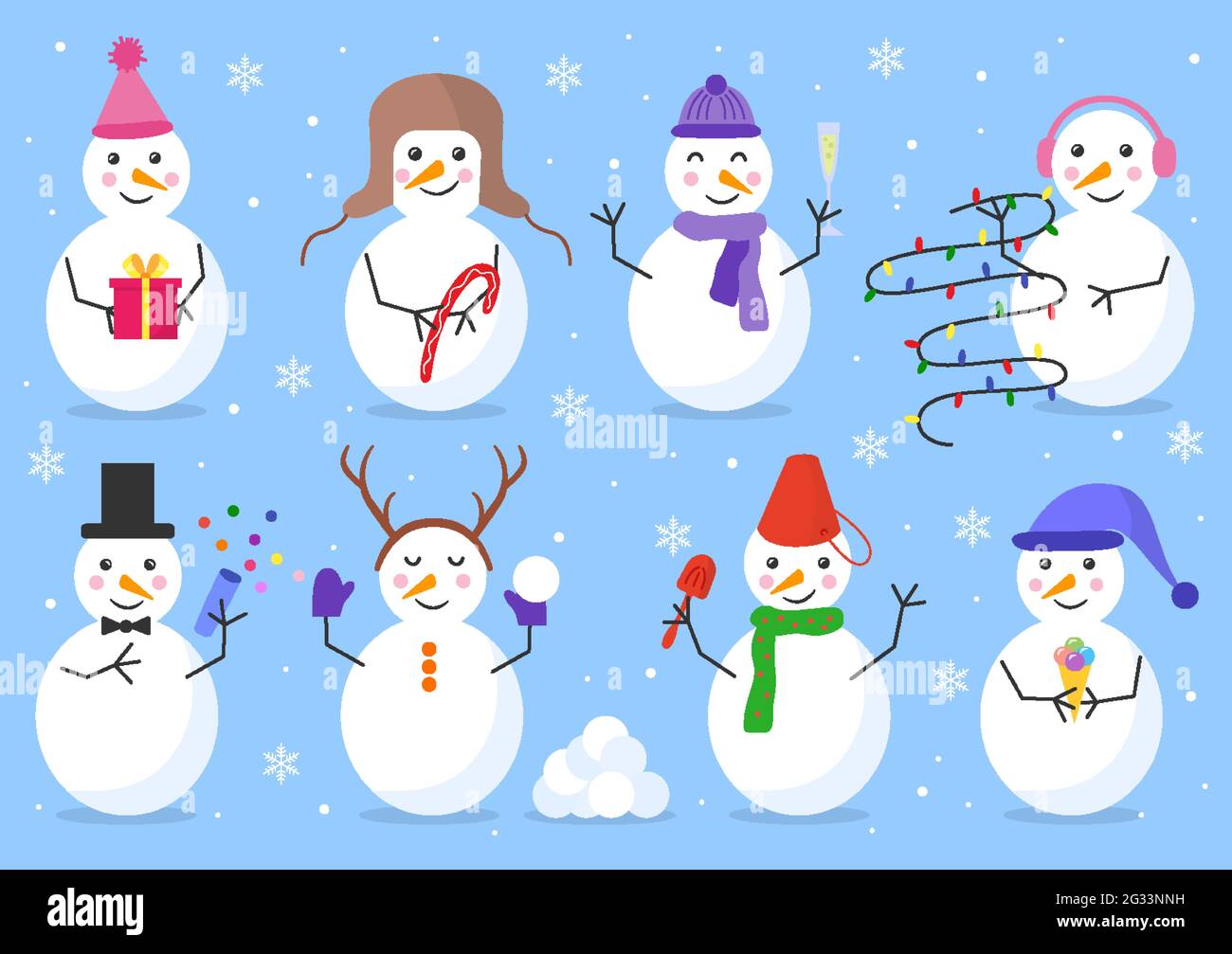 Snowmens allegro insieme felice con caramelle, palla di neve, ghirlanda, confetti, pala, regalo, bicchiere, gelato su uno sfondo blu isolato. Stile piatto vettoriale. Biglietto d'auguri. Buon Natale e felice anno nuovo Illustrazione Vettoriale