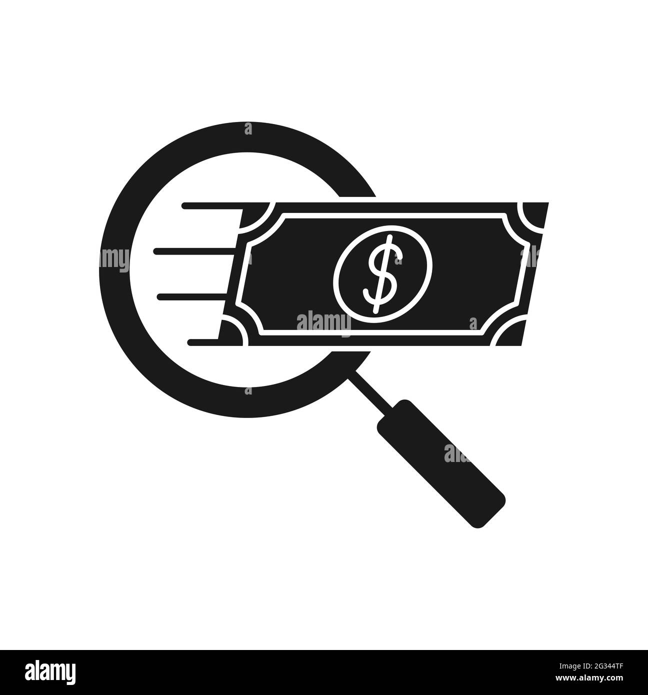 Icona Money Search Illustrazione vettoriale. Soldi con il concetto di disegno di vettore di icona di ricerca per il commercio di investimento di banca, finanza, valuta e commercio Illustrazione Vettoriale