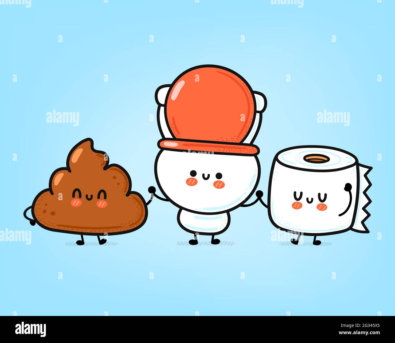 Carino divertente ciotola del water bianco felice, rotolo di carta e poop. Icona raffigurante il carattere kawaii del fumetto disegnato a mano del vettore. Divertente wc cartone animato, wc ciotola amici mascotte concetto di carattere Illustrazione Vettoriale