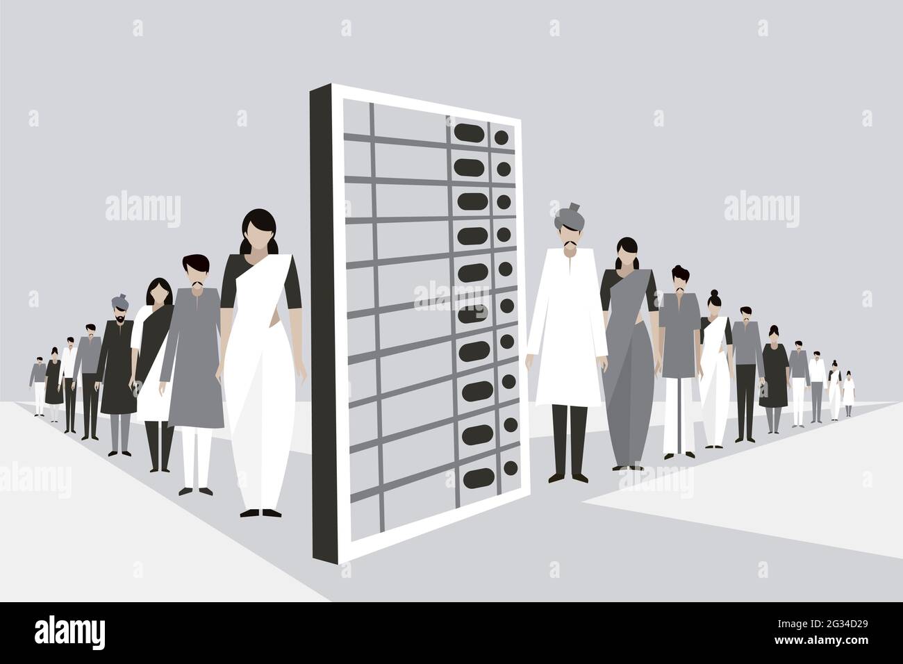 Illustrazione concettuale del popolo indiano stare in una lunga fila lungo il lato di una macchina di voto elettronica enorme Illustrazione Vettoriale