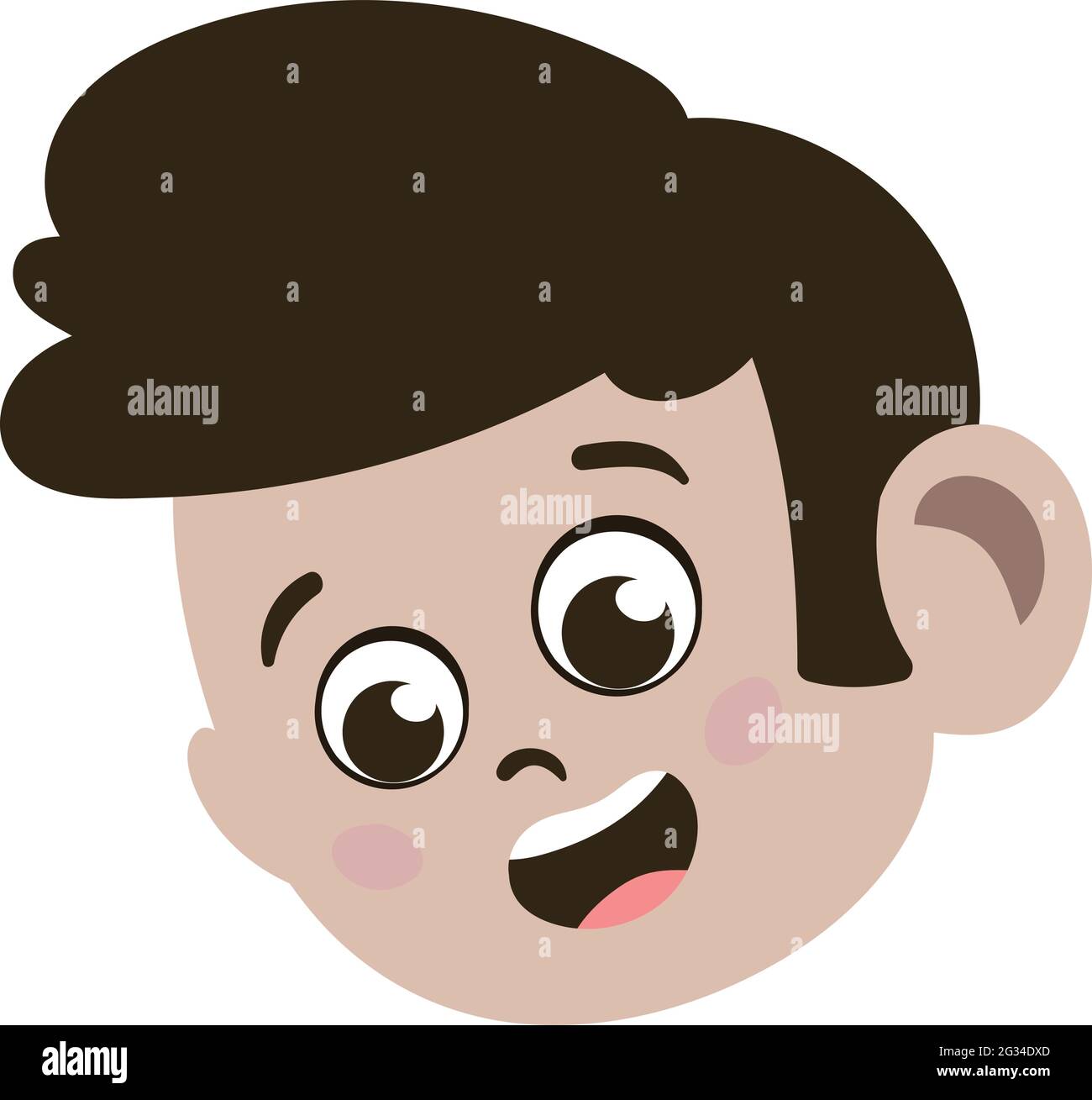 Cute faccia del bambino. Cute e adorabile Caucasia Kid con capelli Brunette. Faccia carina con le espressioni innocenti che guardano felici. Faccia sorridente. Faccia felice. Illustrazione Vettoriale