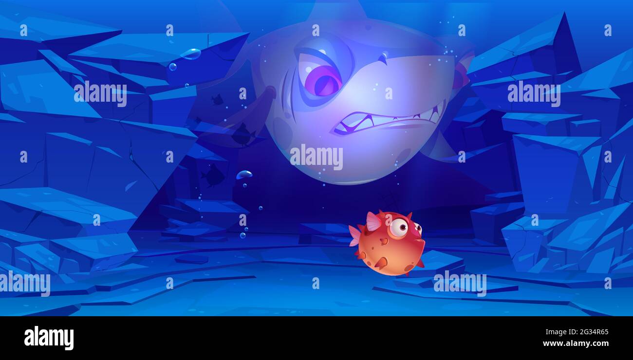 Squalo e pesce soffiato in mare o fondo oceano con rocce intorno. Personaggi subacquei con facce carine e arrabbiate e grandi occhi, creature per il gioco del computer, animali marini, Cartoon vettore illustrazione Illustrazione Vettoriale Squalo e pesce soffiato in mare o fondo oceano con rocce intorno. Personaggi subacquei con facce carine e arrabbiate e grandi occhi, creature per il gioco del computer, animali marini, Cartoon vettore illustrazione Illustrazione Vettoriale